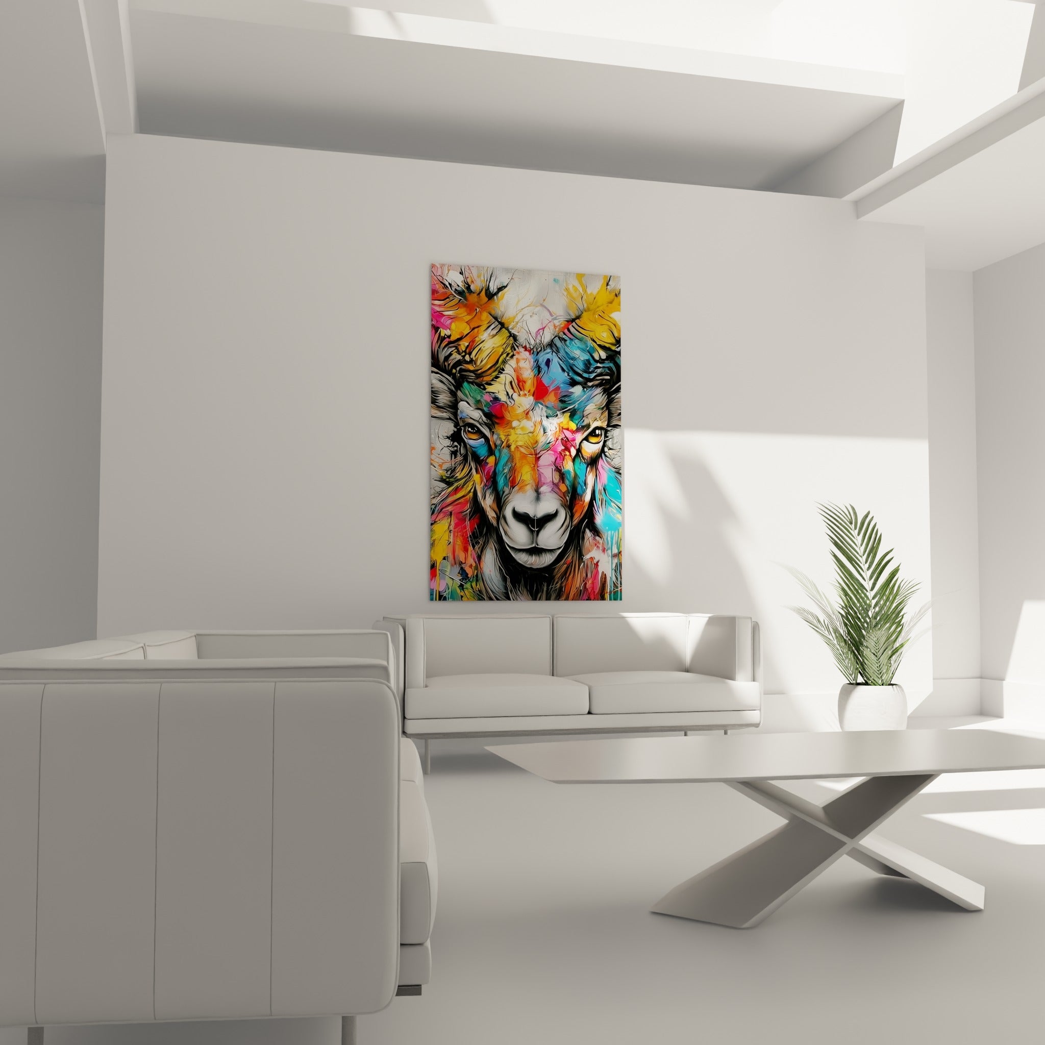 Museau gris du Bélier contrastant avec des touches vives de rose et vert au-dessus d'un canapé dans un salon lumineux
