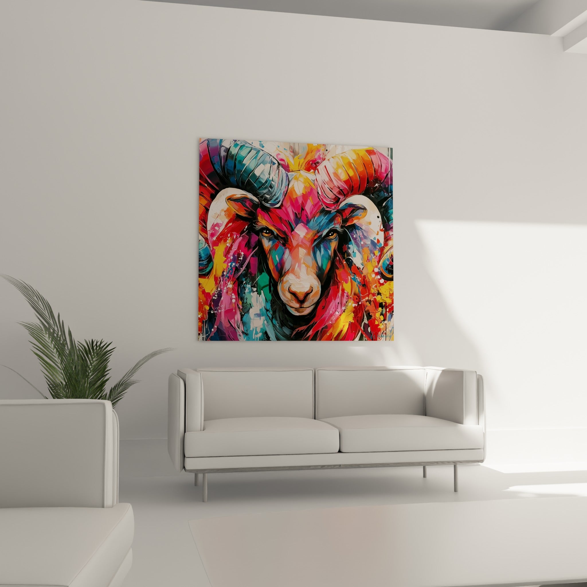 Museau ivoire et regard intense du Bélier multicolore, au-dessus d'un canapé dans un salon lumineux