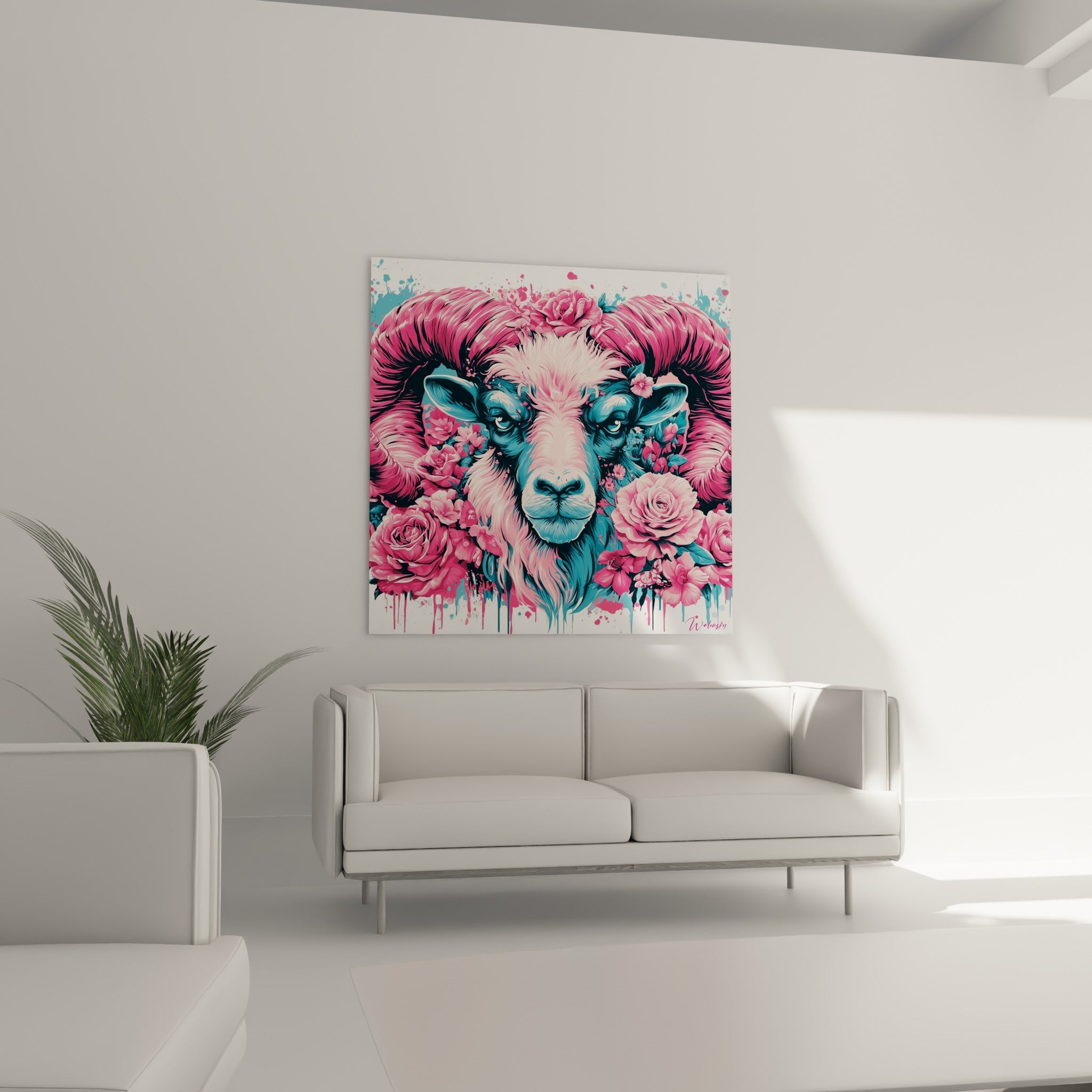 Bélier fleuri rose et bleu, museau texturé aux teintes pastel, au-dessus d'un canapé dans un salon lumineux