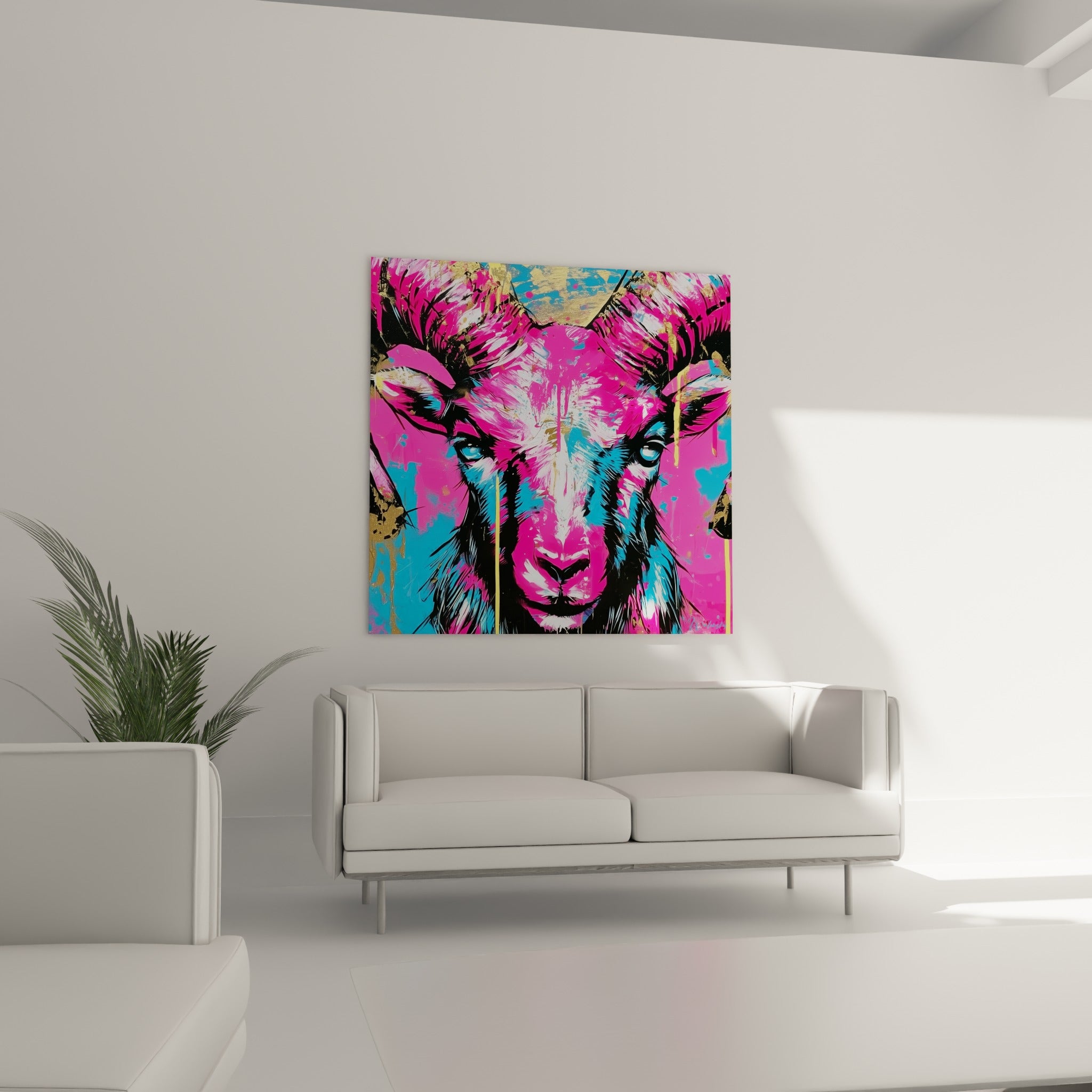 Museau de bélier peint en rose vif et bleu ciel, œuvre graphique installée au-dessus d'un canapé dans un salon lumineux