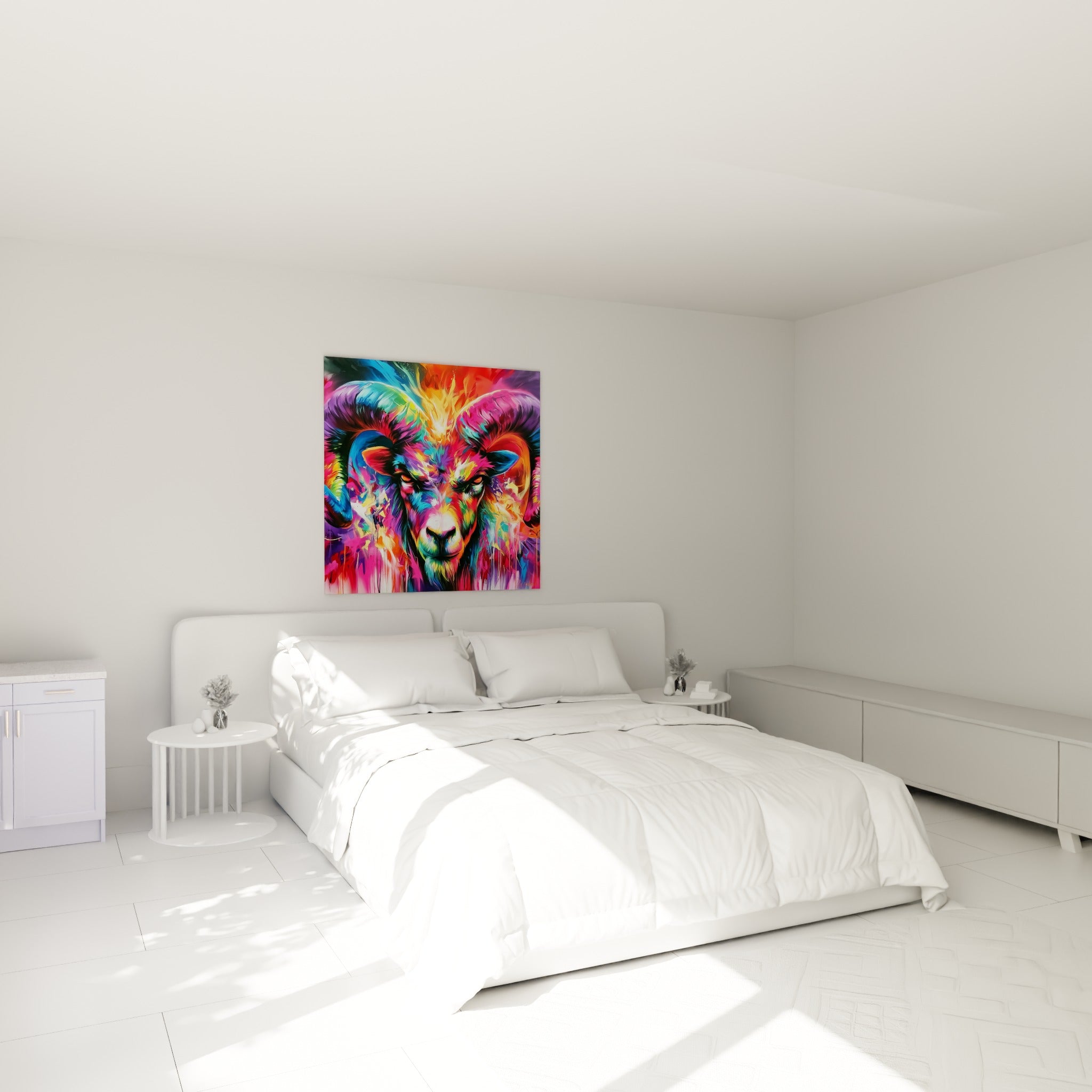 Cornes torsadées violettes et museau rose vif de ce Bélier flamboyant au-dessus d'un lit dans une chambre claire