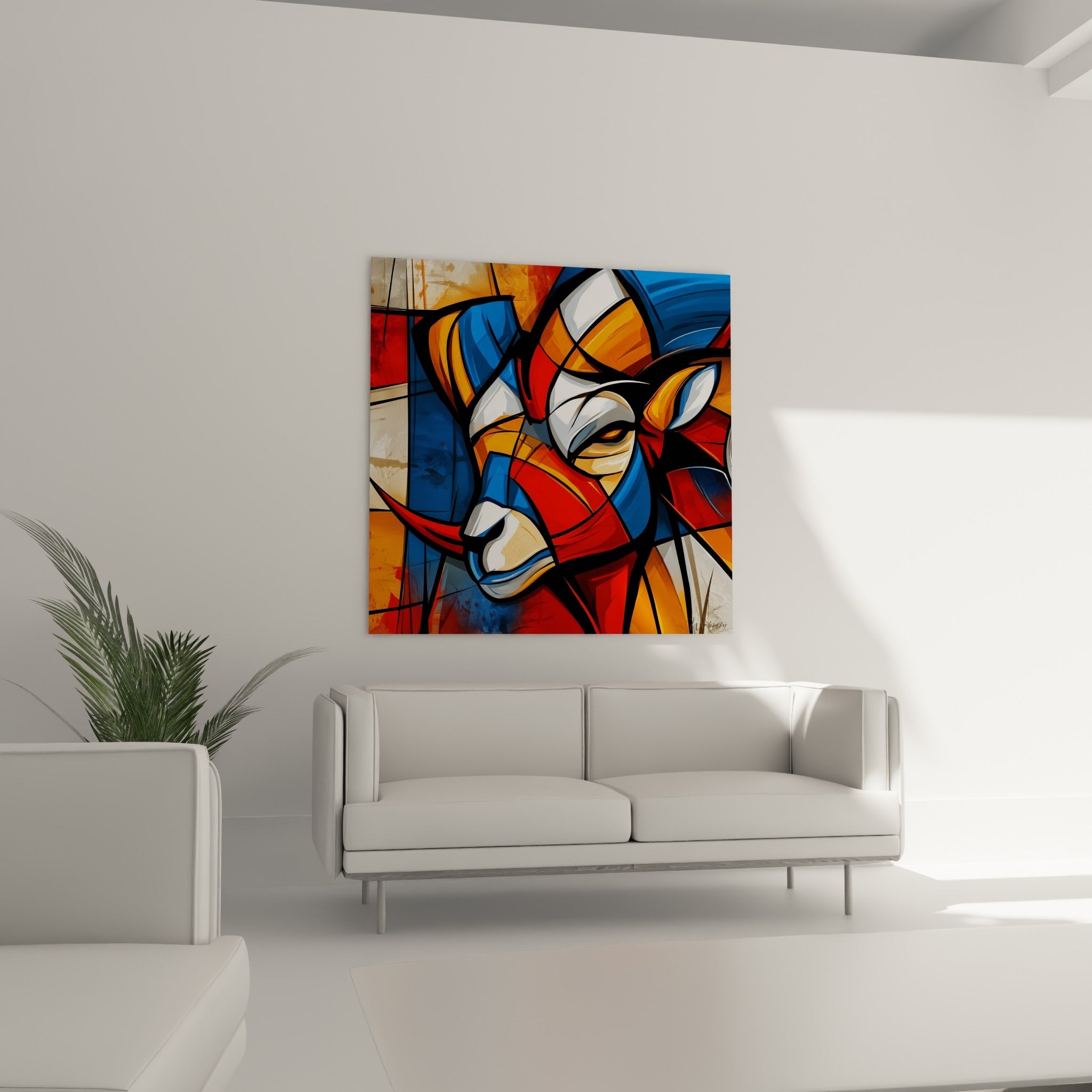 Museau rouge écarlate et orange du Bélier géométrique, au-dessus d'un canapé dans un salon lumineux