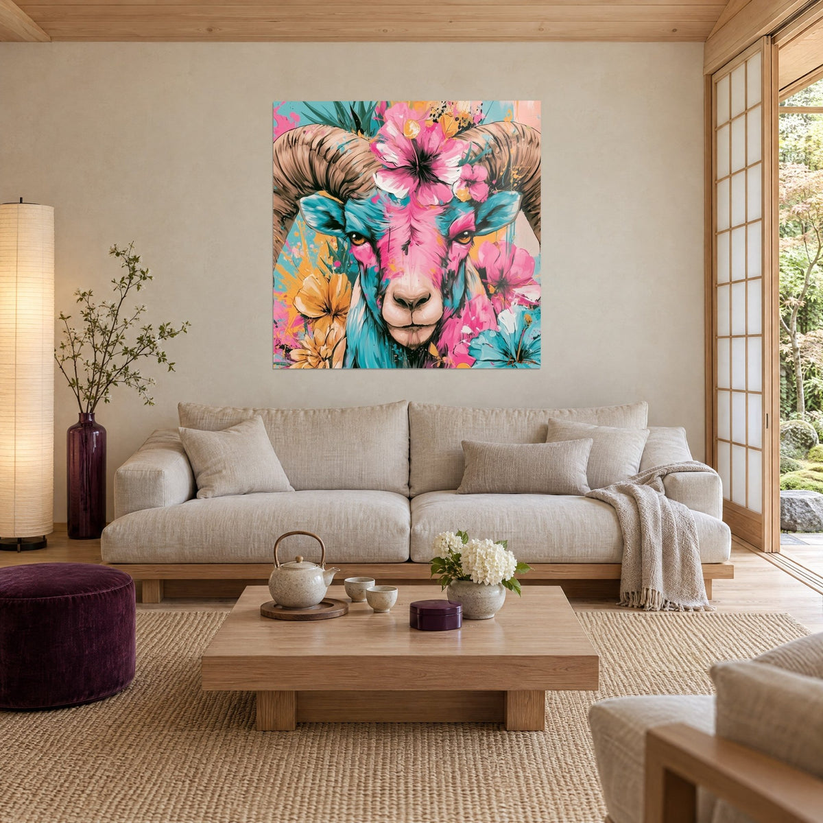 Quadro ariete con corna beige arrotolate, muso rosa e turchese, fiori gialli, appeso sopra un divano in un soggiorno luminoso