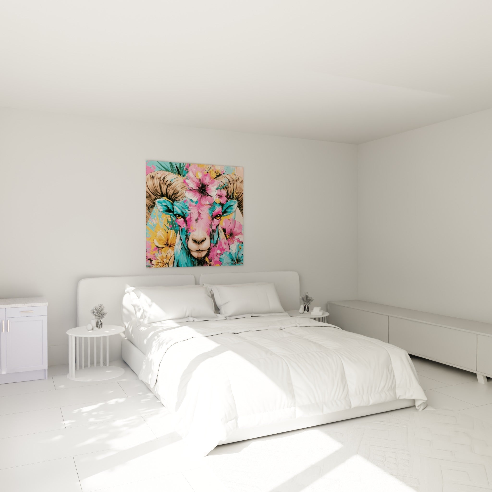 Museau de bélier rose et turquoise entouré de fleurs, accroché au-dessus d'un lit dans une chambre claire