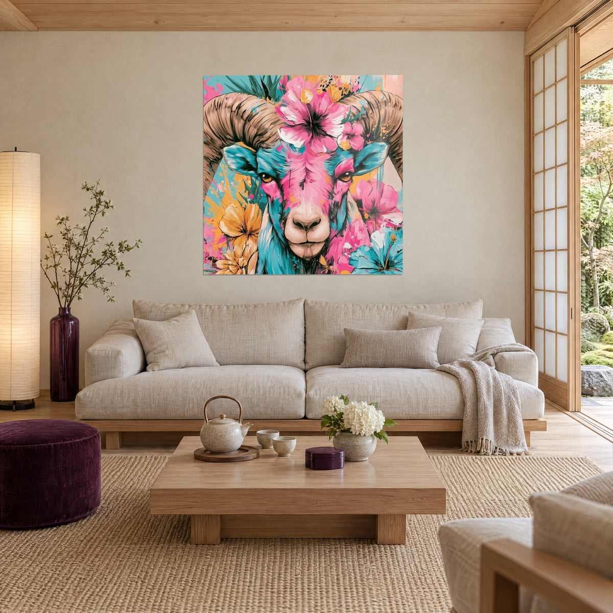 Cuadro carnero de cuernos beige enroscados, hocico rosa y turquesa, flores amarillas, colgado sobre un sofá en un salón luminoso