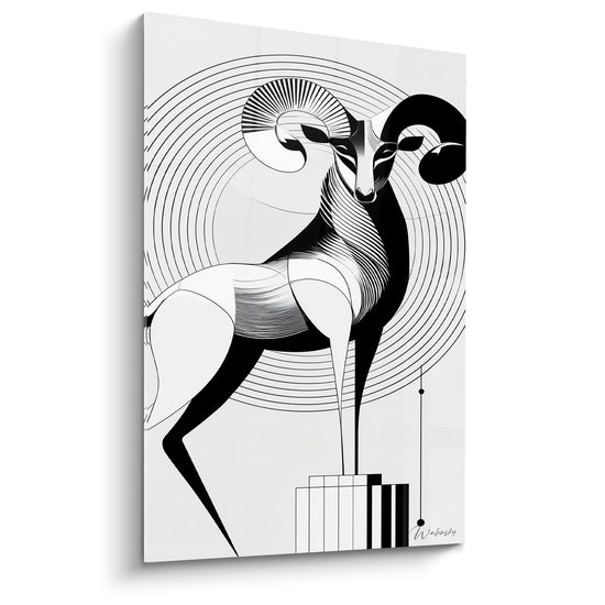 Bélier noir et blanc dressé, cornes en volutes, cercles concentriques gris en fond épuré