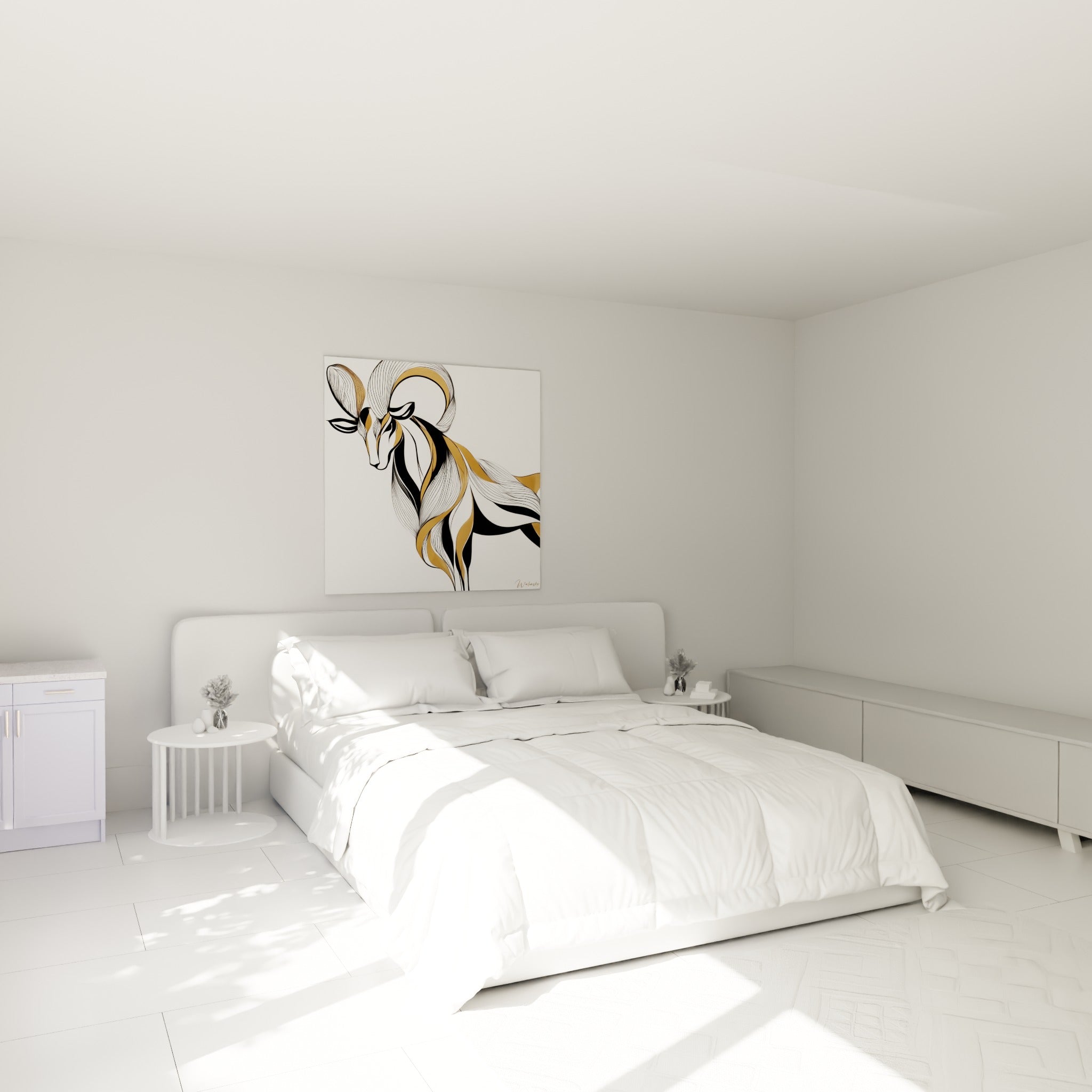 Silhouette de bélier doré et noire aux traits fins, accrochée au-dessus d'un lit dans une chambre claire