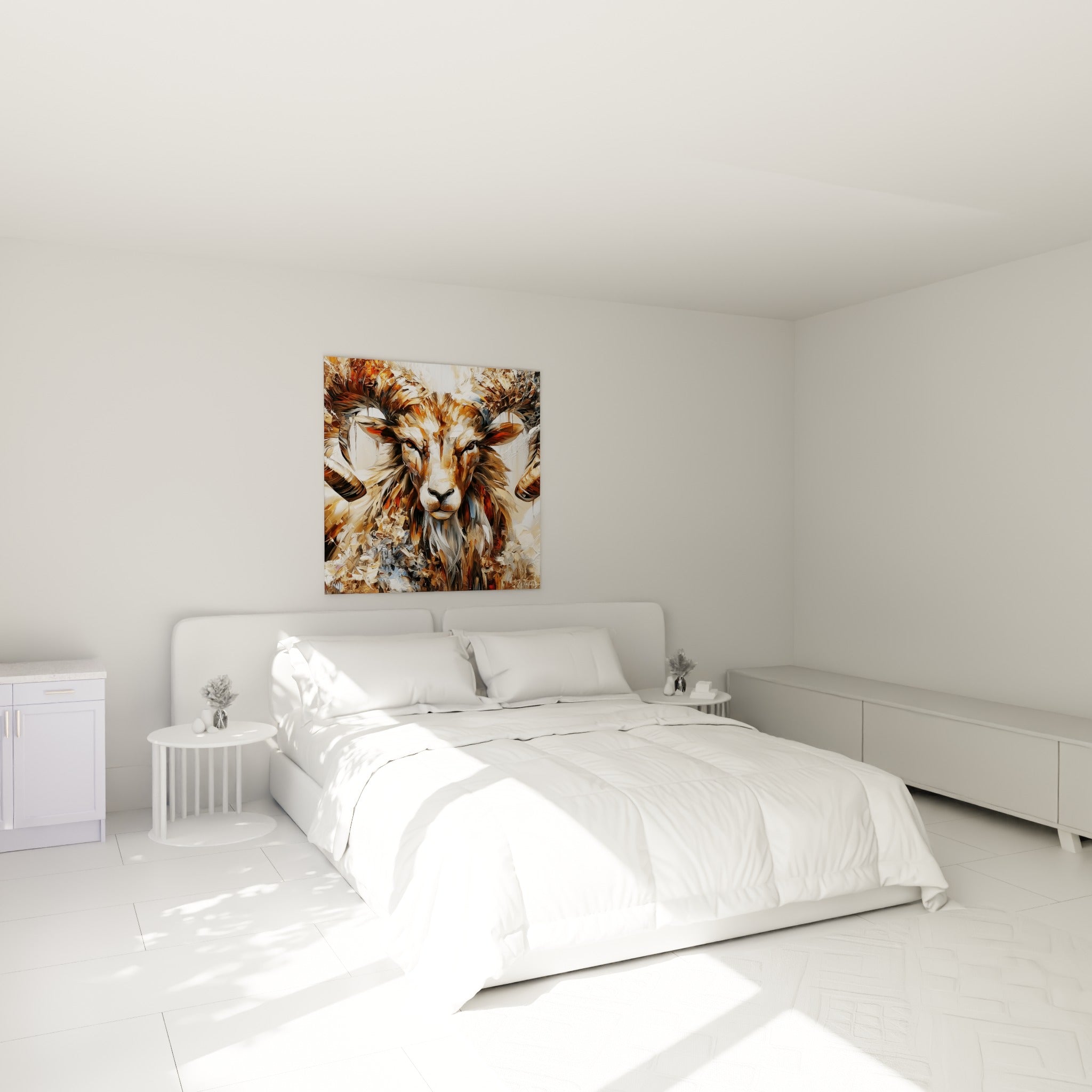 Cornes de Bélier ocre et blanc cassé déployées au-dessus d'un lit dans une chambre claire