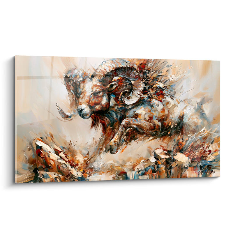 Tableau Bélier ocre et bleu ardoise en bond - Élan fracassant - Edition Bélier