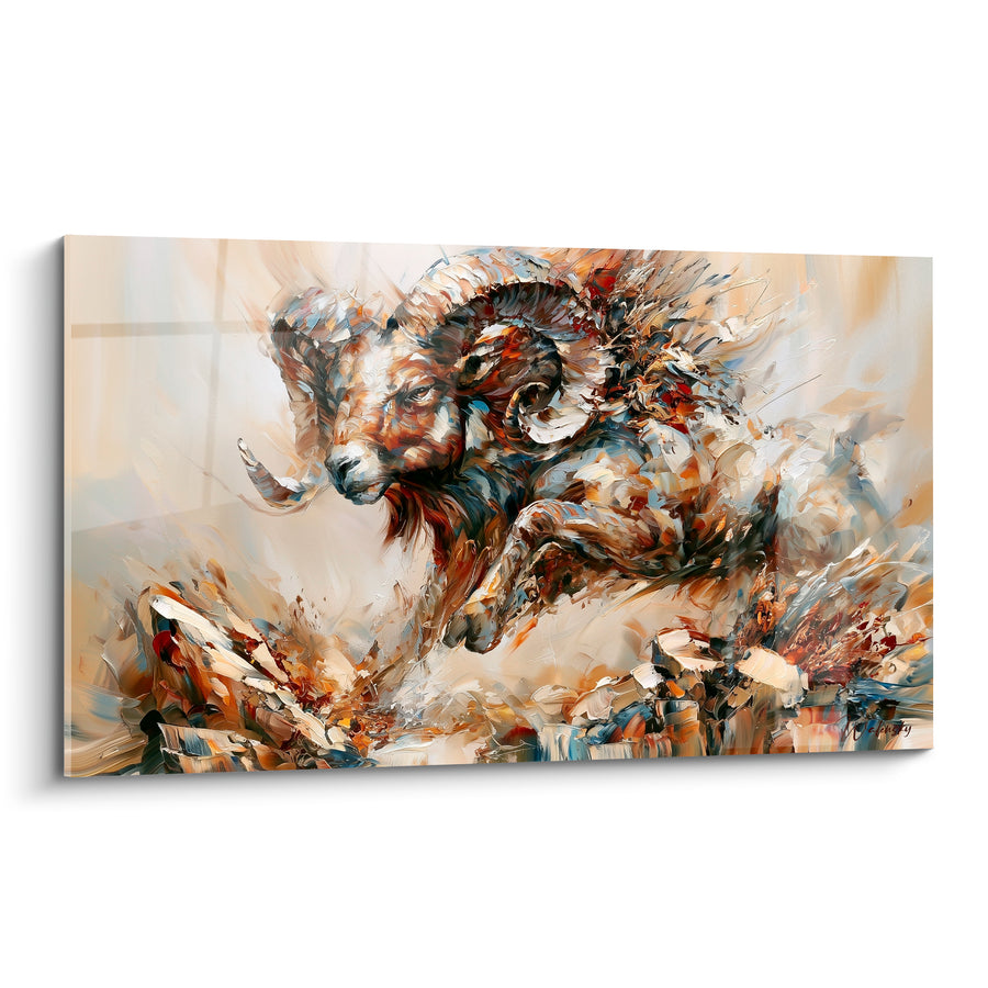 Tableau Bélier ocre et bleu ardoise en bond - Élan fracassant - Edition Bélier