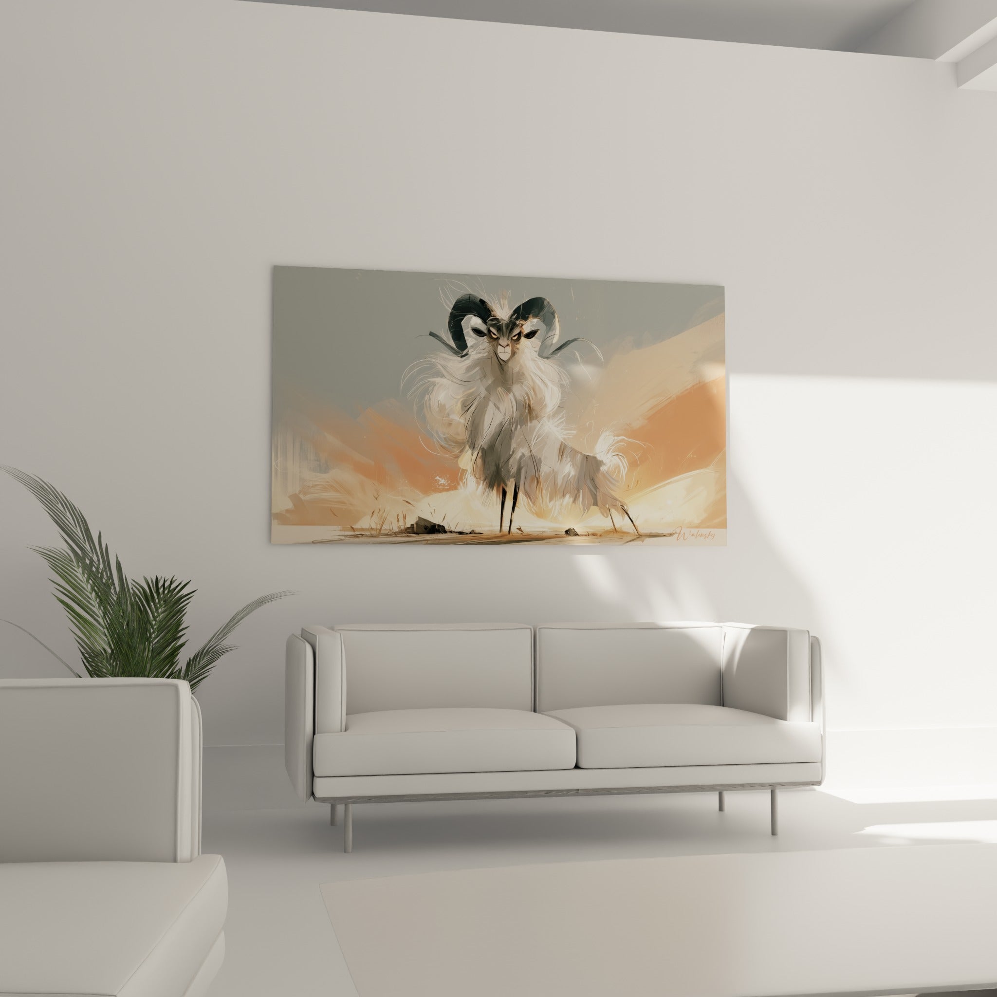 Silhouette massive du Bélier en gris et ocre doré au-dessus d'un canapé dans un salon lumineux