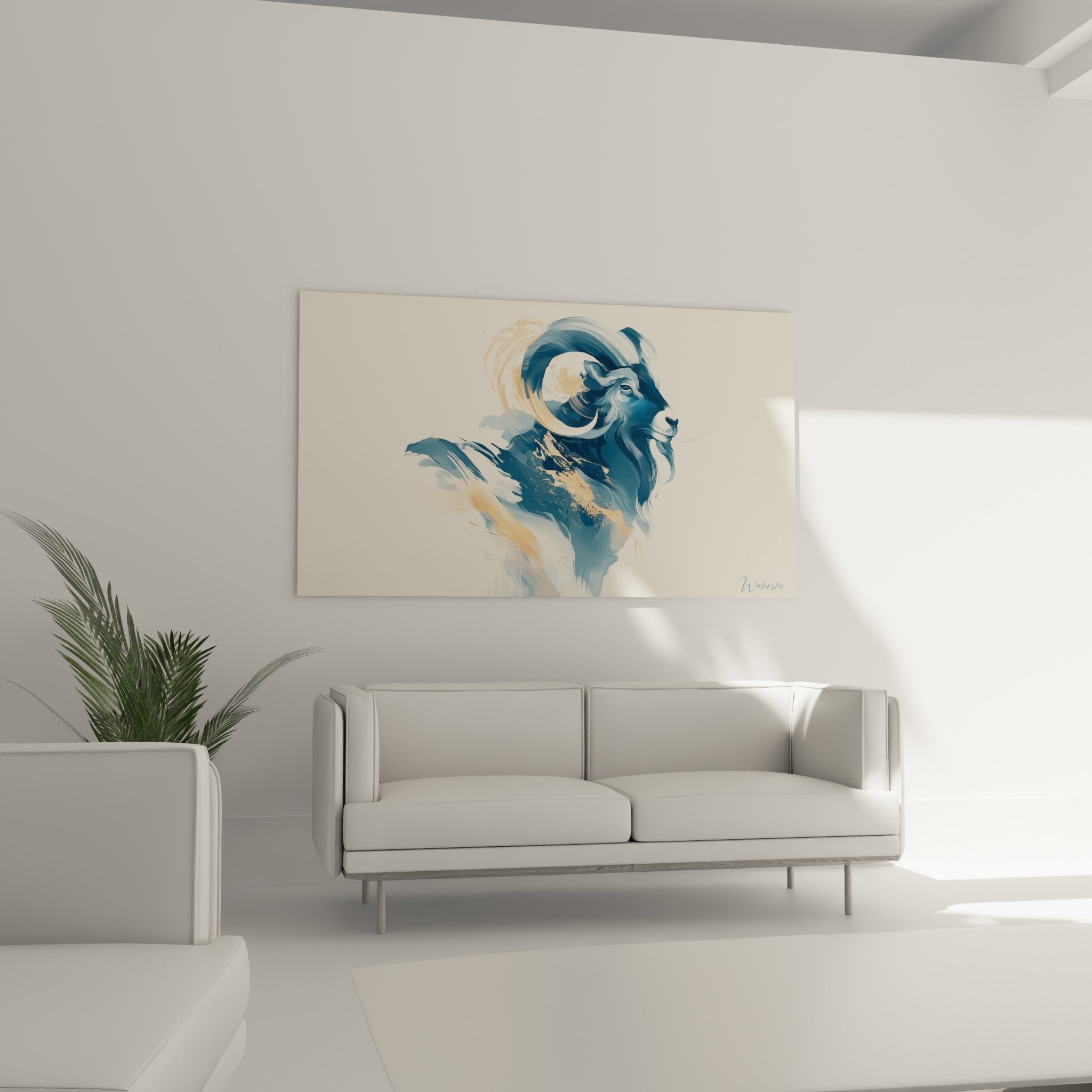 Silhouette de Bélier aux dégradés bleu marine et orangés, au-dessus d'un canapé dans un salon lumineux.
