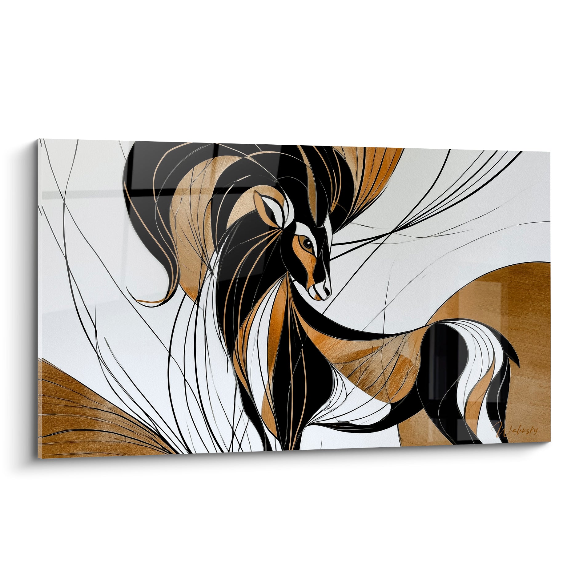 Bélier stylisé aux lignes noires et dorées, silhouette graphique sur fond blanc épuré