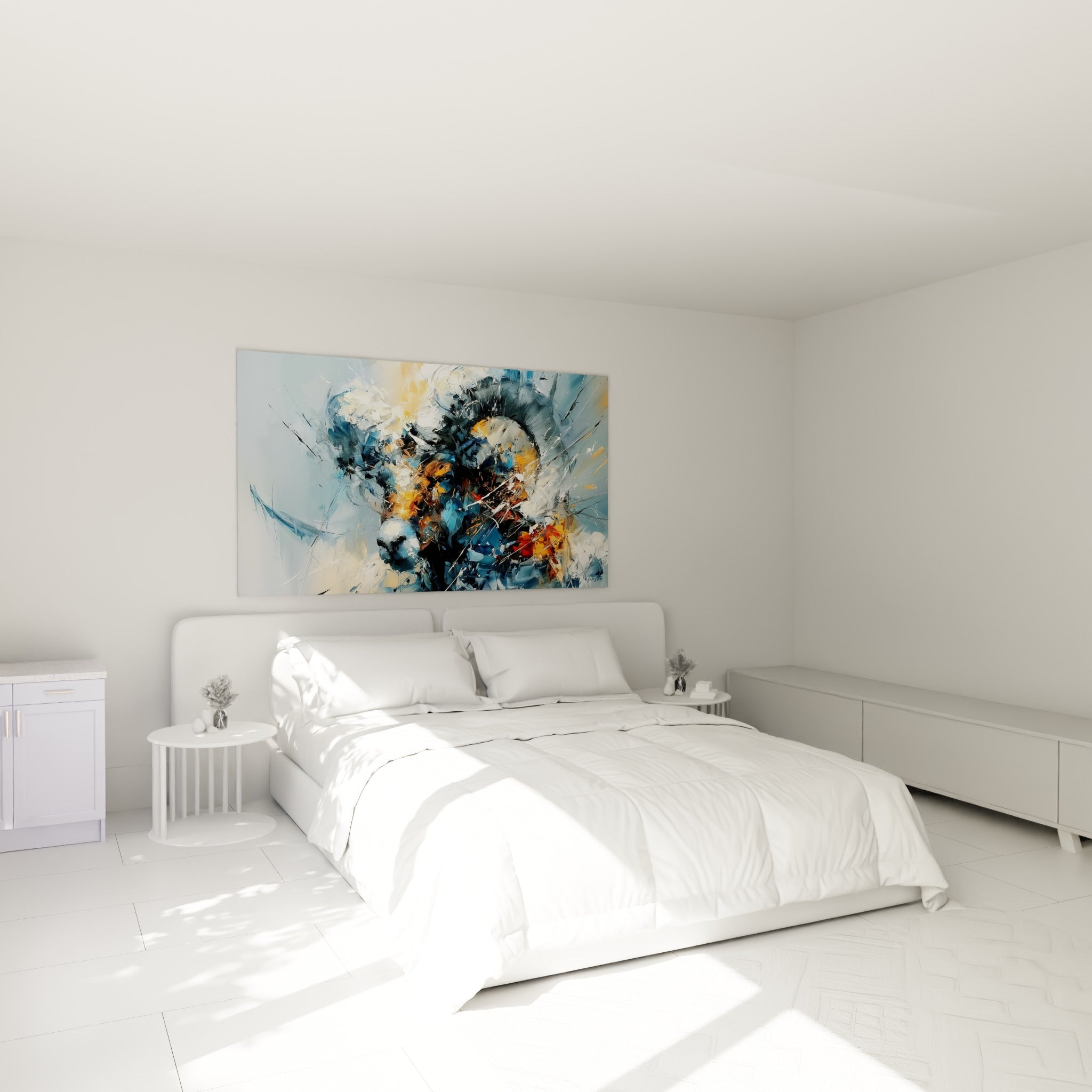 Cornes spiralées bleu marine et touches orange brûlé du Bélier, au-dessus d'un lit dans une chambre claire