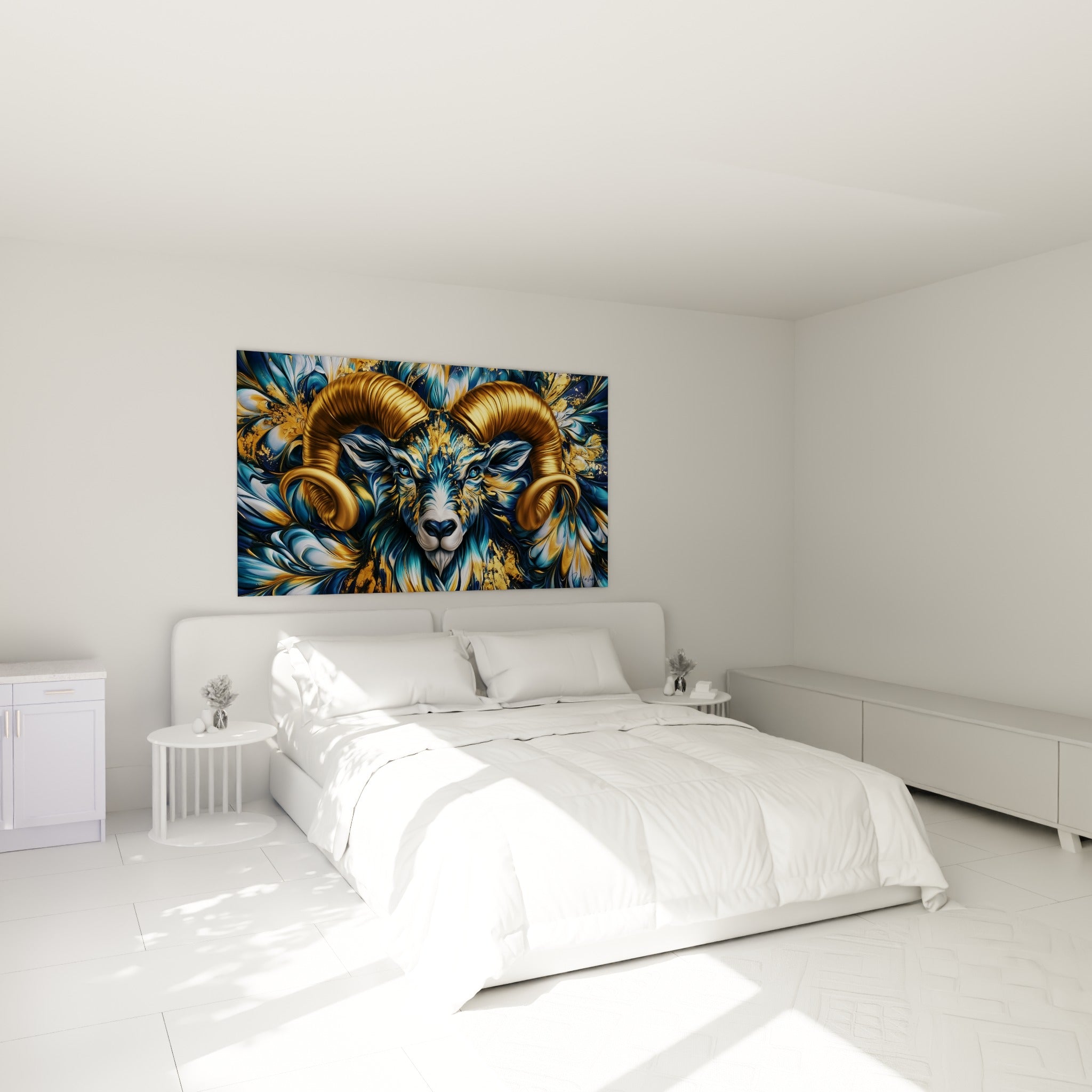 Cornes dorées et pelage bleu marine du Bélier, accrochées au-dessus d'un lit dans une chambre claire