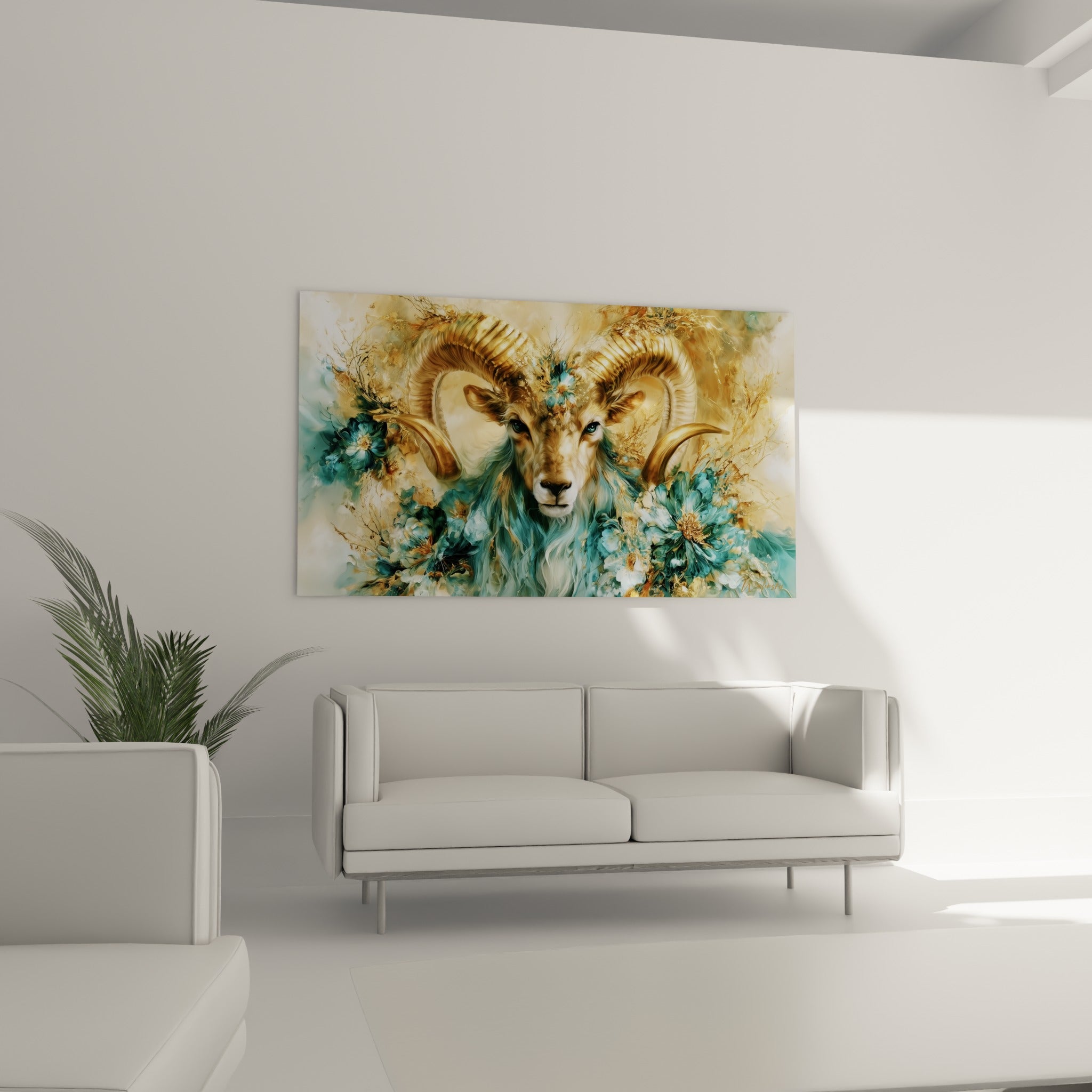 Pelage doré fondu en pétales turquoise du Bélier accroché au-dessus d'un canapé dans un salon lumineux