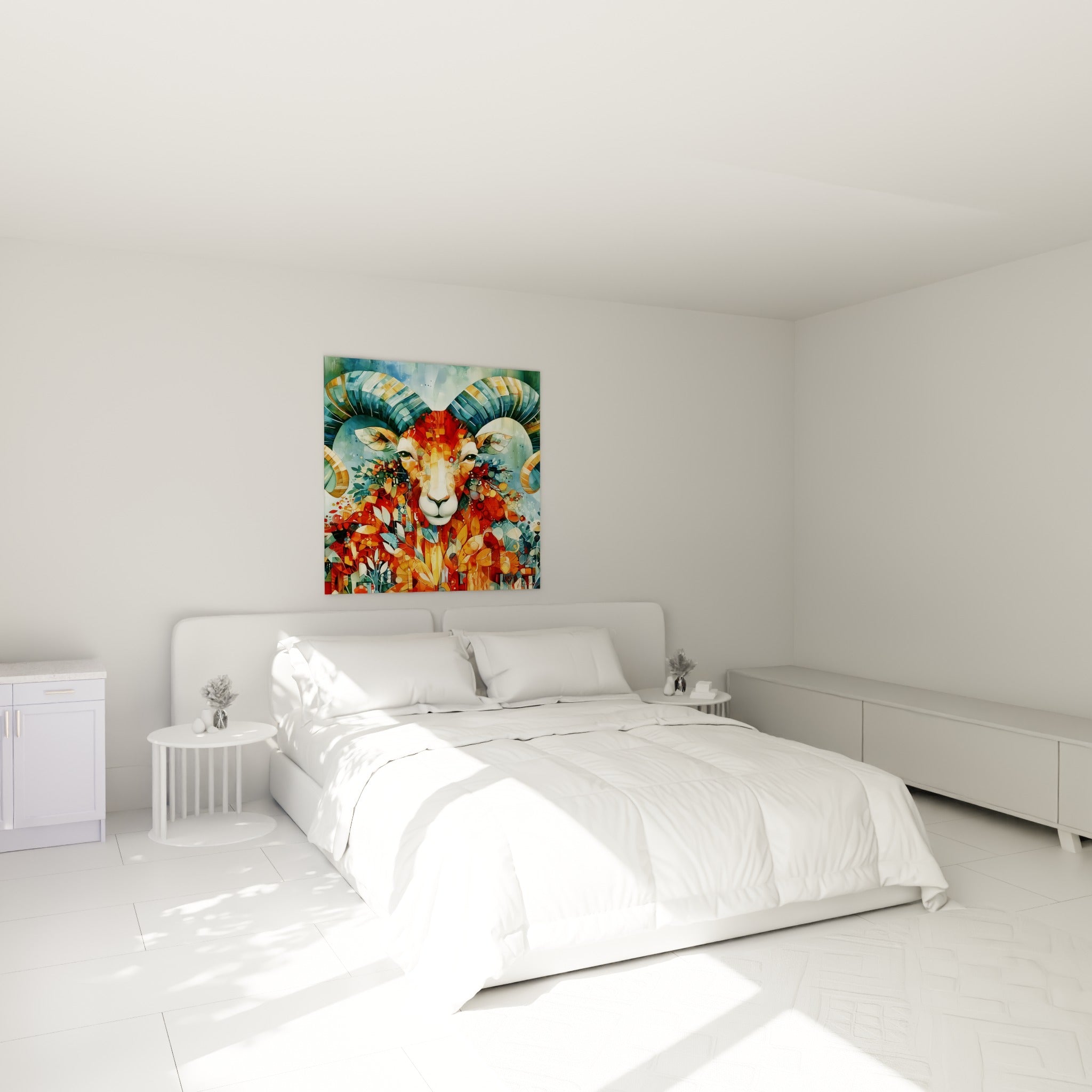 Portrait de Bélier ocre et bleu pastel accroché au-dessus d'un lit dans une chambre claire