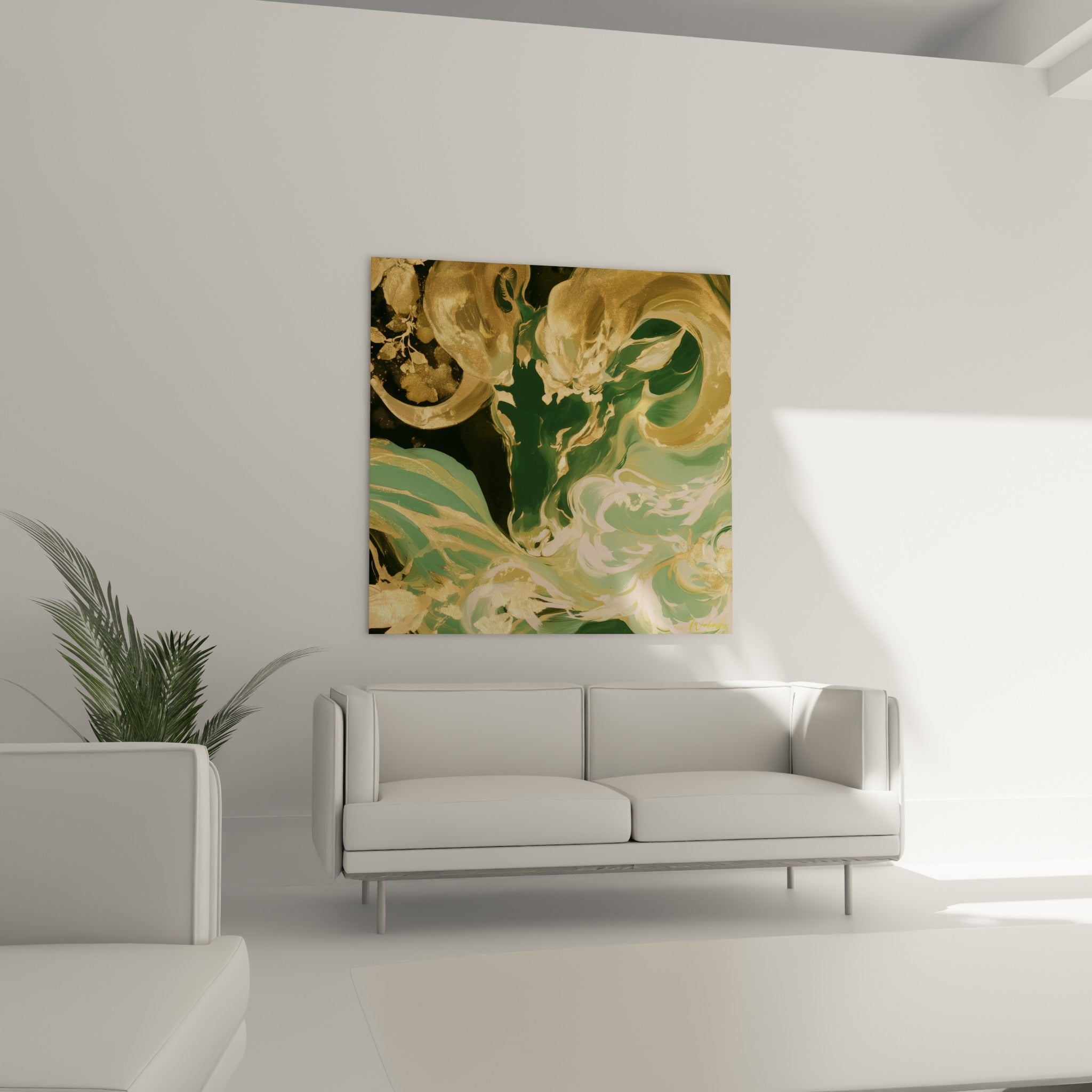 Tourbillons ocre et émeraude du Bélier en mouvement fluide, au-dessus d'un canapé dans un salon lumineux