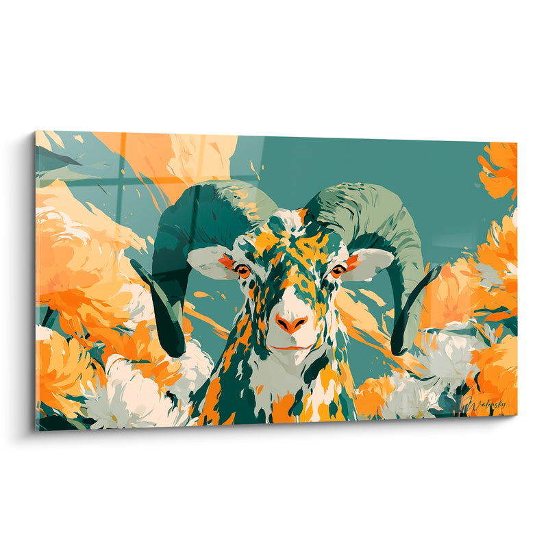 Tableau Bélier orange et vert sarcelle chrysanthèmes blancs - Buisson de chrysanthèmes - Edition Bélier