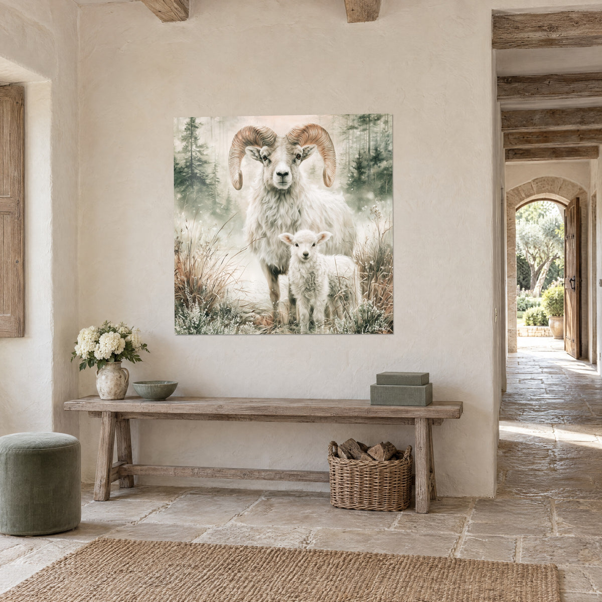 Gemälde großer Schafbock mit kupferfarbenen Schneckenhörnern, der über sein cremefarbenes Lamm wacht, ockerfarbene Gräser, beige Wand und Holzbank