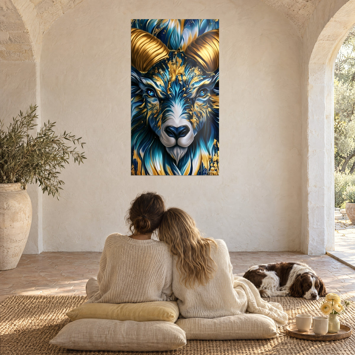 Tableau face de bélier et flocons d'or sur bleu profond, deux femmes de dos enlacées sur des coussins, un spaniel couché, mas