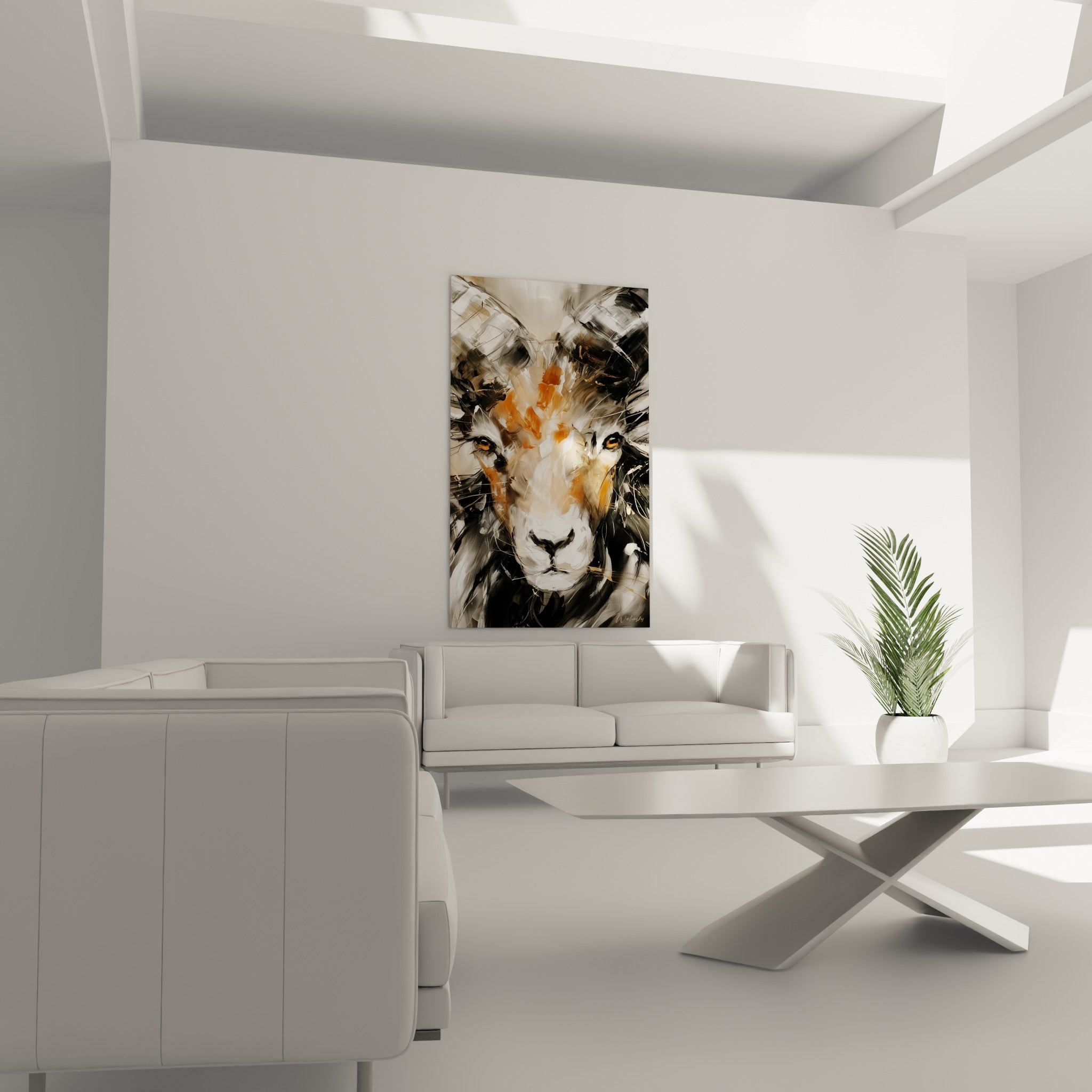 Regard intense du Bélier entre blanc cassé et anthracite, au-dessus d'un canapé dans un salon lumineux