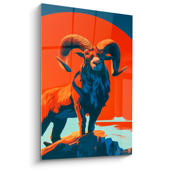 Bélier orange et bleu marine aux cornes torsadées, debout sur un rocher face au soleil couchant