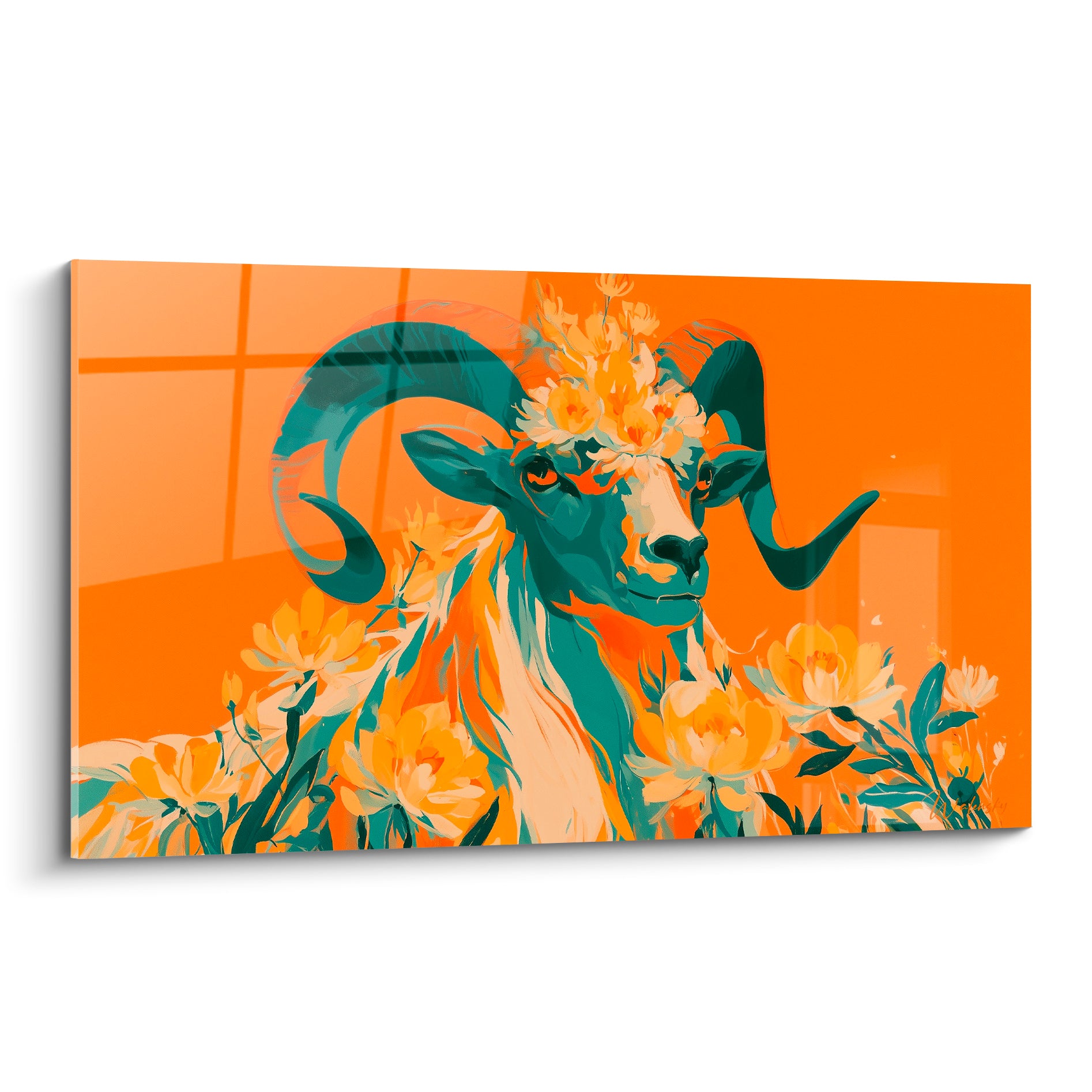 Bélier au pelage vert sarcelle et couronne de pivoines dorées sur fond orange vif intense