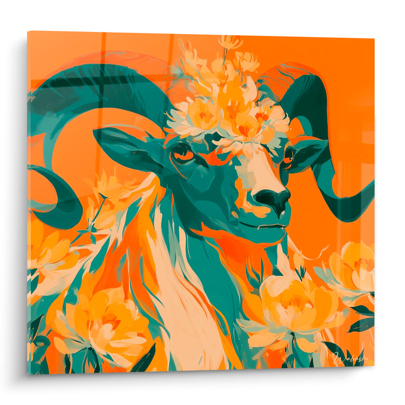 Tableau Bélier orange sarcelle couronne de pivoines - Couronne fleurie - Edition Bélier