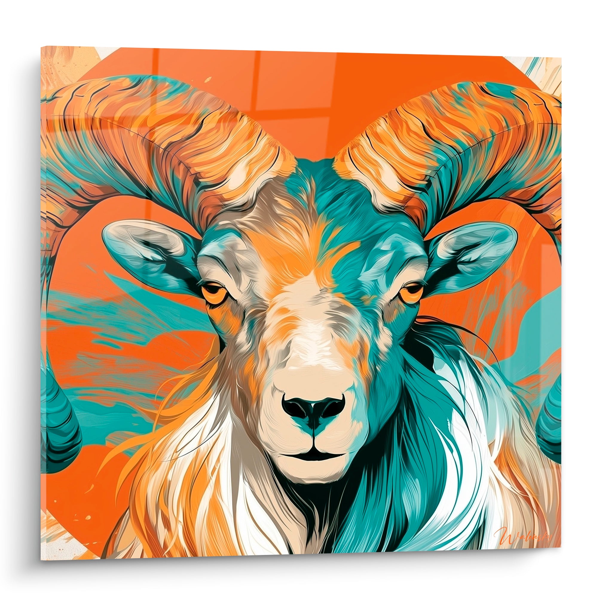 Bélier aux cornes spiralées orange et turquoise, regard ambré, style pictural graphique intense