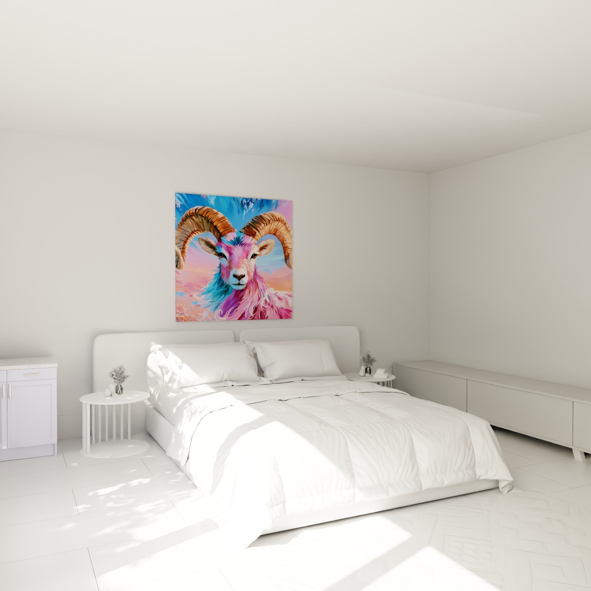 Cornes ambrées et pelage rose fuchsia du Bélier, accroché au-dessus d'un lit dans une chambre claire