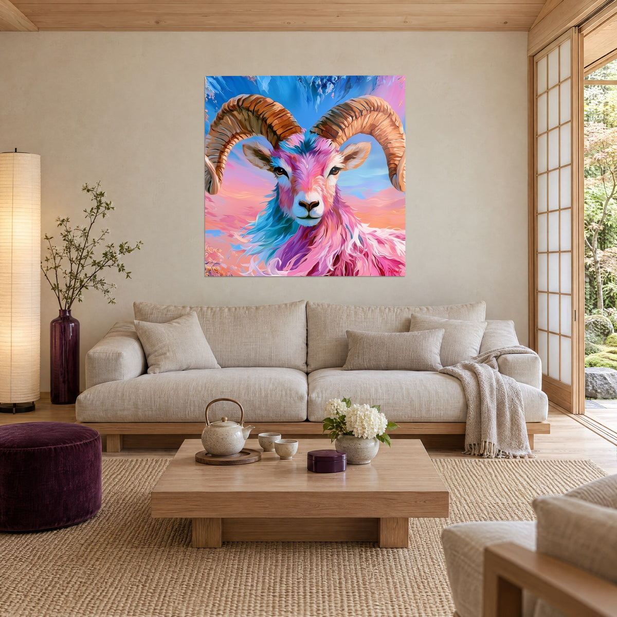 Schilderij ram met spiraalvormige amberkleurige hoorns, roze en turquoise vacht, schemerachtergrond, boven een bank in een lichte woonkamer