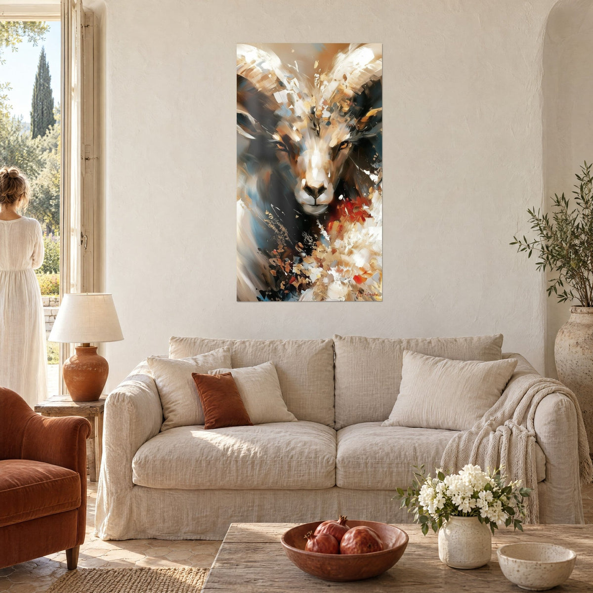 Gemälde Widder mit elfenbeinfarbenen Hörnern und goldenen Funken, Hintergrund in Bronze und Schwarz, junge Frau von hinten, über einem Sofa in einem hellen Wohnzimmer