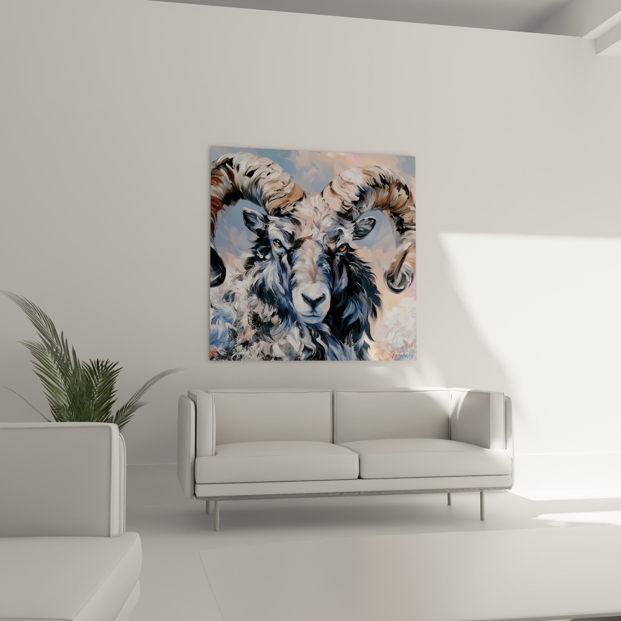Regard intense du Bélier anthracite et beige au-dessus d'un canapé dans un salon lumineux