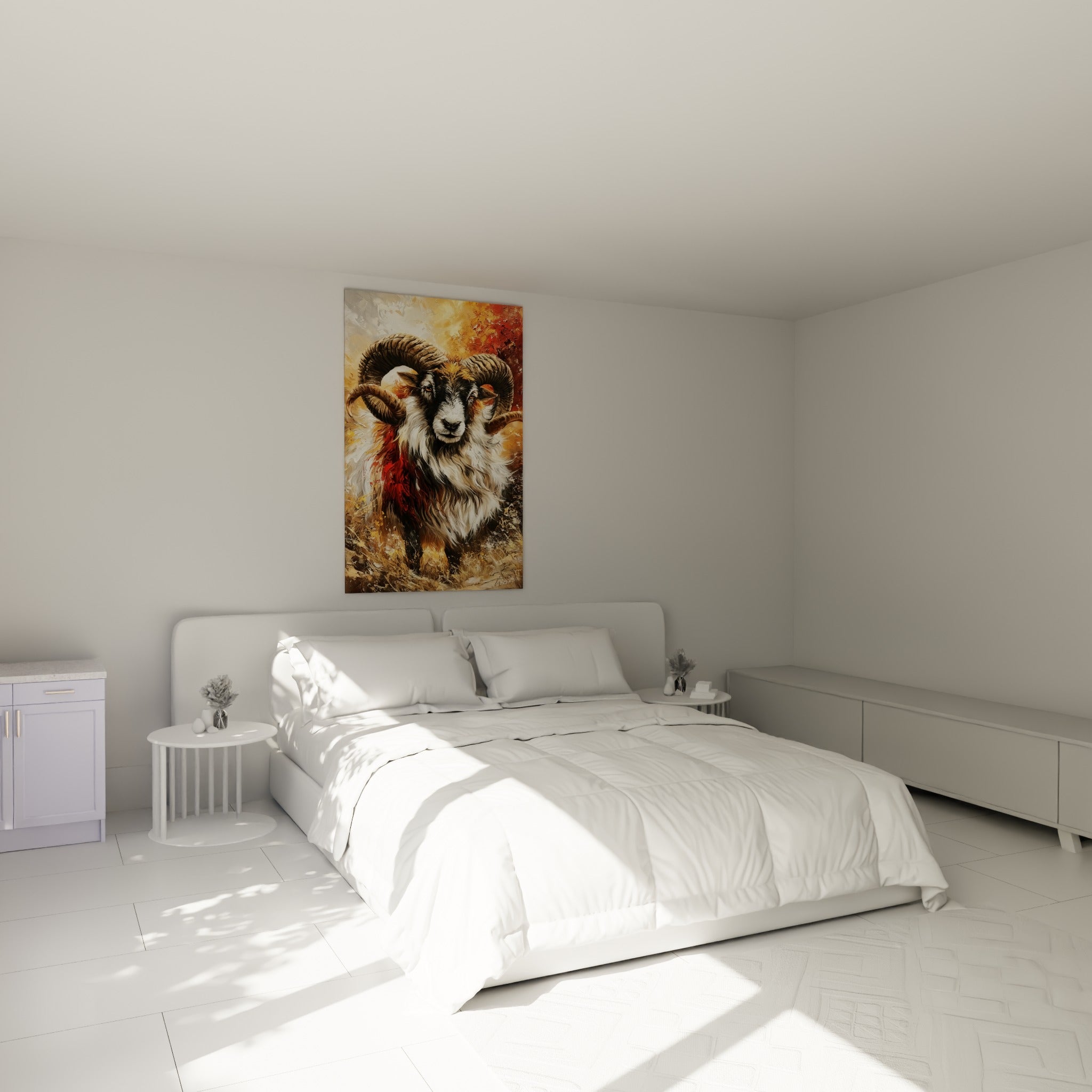 Regard fixe du Bélier doré et blanc, accroché au-dessus d'un lit dans une chambre claire