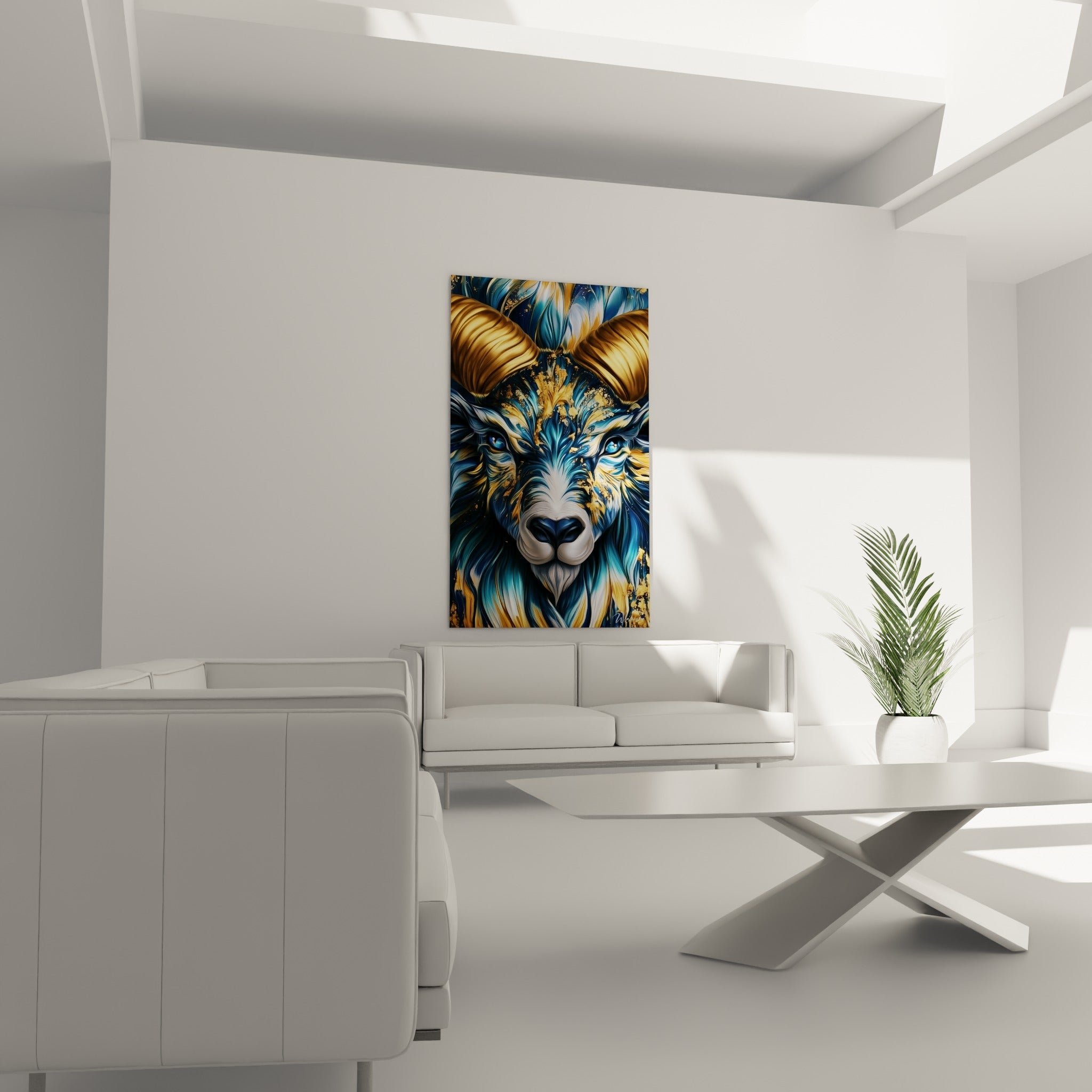 Regard bleu intense du Bélier entouré de mèches dorées et bleu marine, au-dessus d'un canapé dans un salon lumineux