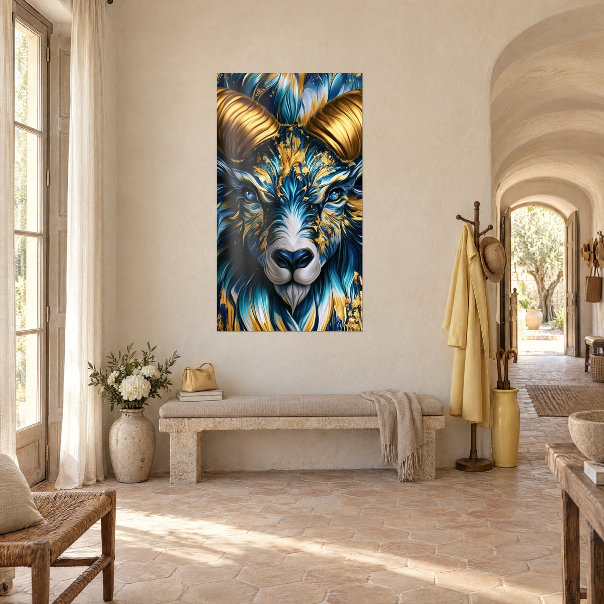 Tableau ovin majestueux aux boucles d'or et aux plumes turquoise, vu de trois quarts dans un couloir voûté du mas