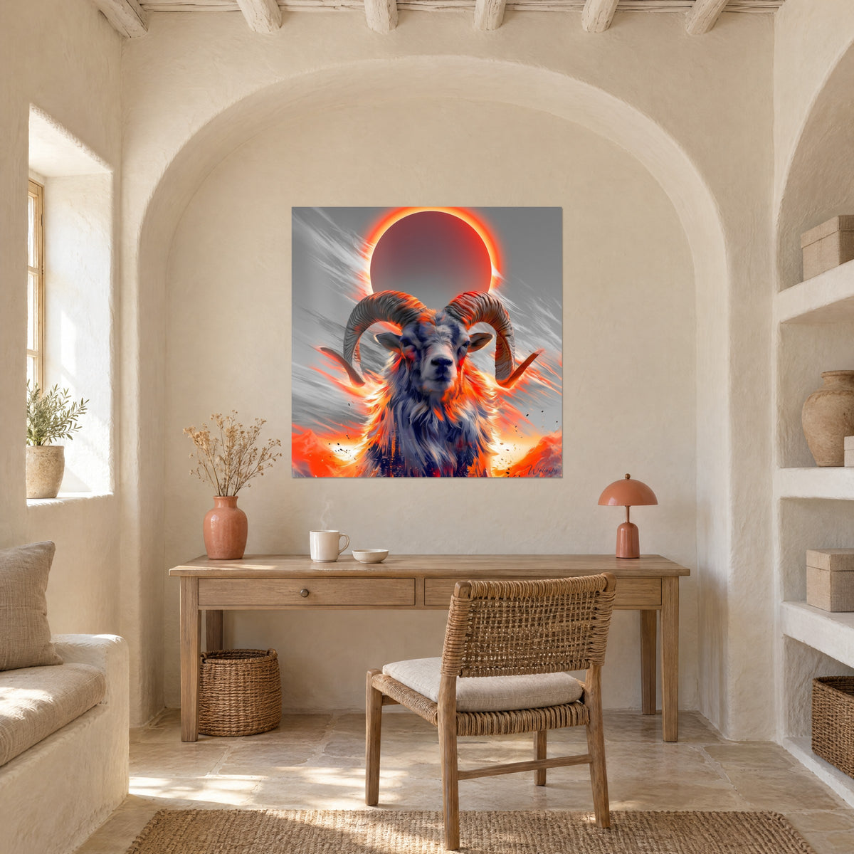Gemälde Porträt eines Widders frontal zur Kamera, Spiralhörner und eine rote, von Feuer orange umrandete Sonnenfinsternis, über einem Holzschreibtisch
