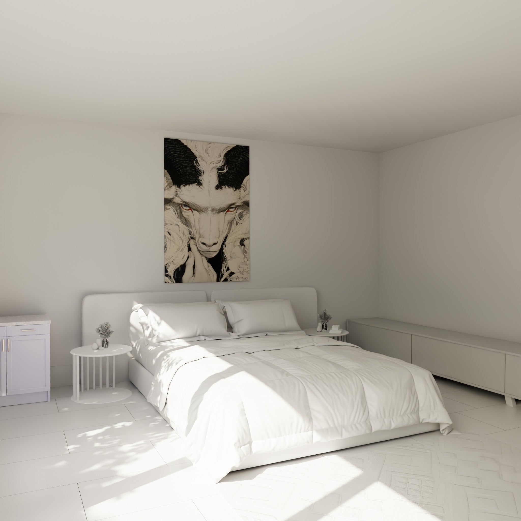 Cornes noires spiralées et pelage crème du Bélier au-dessus d'un lit dans une chambre claire