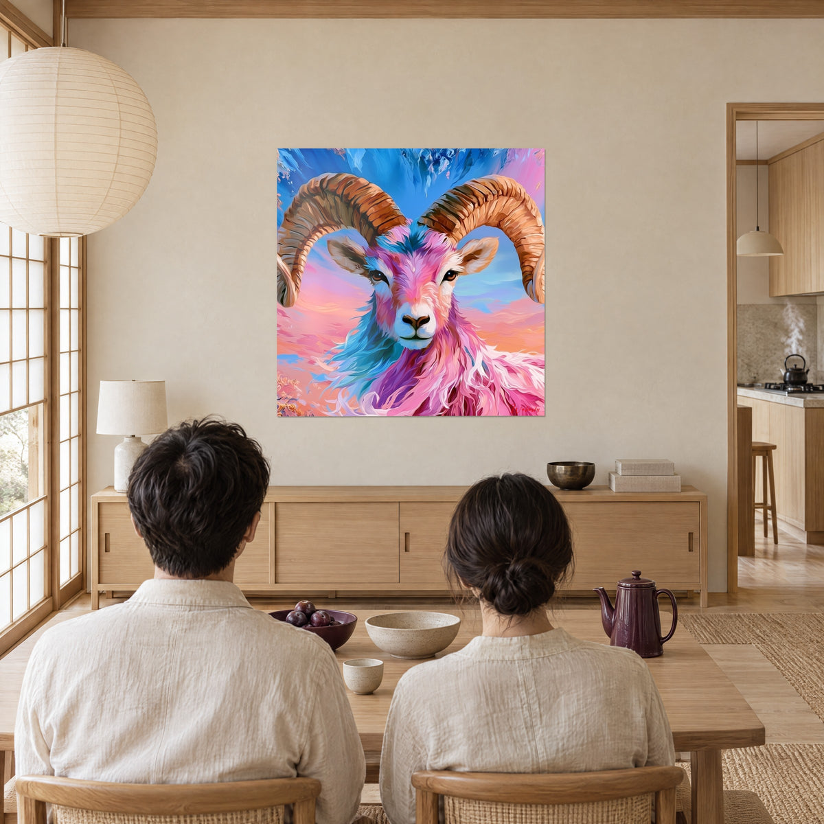 Schilderij rammenportret met zachte blik, goudbruine hoorns, magenta en hemelsblauwe vacht, bekeken door een stel aan tafel bij een ronde raam