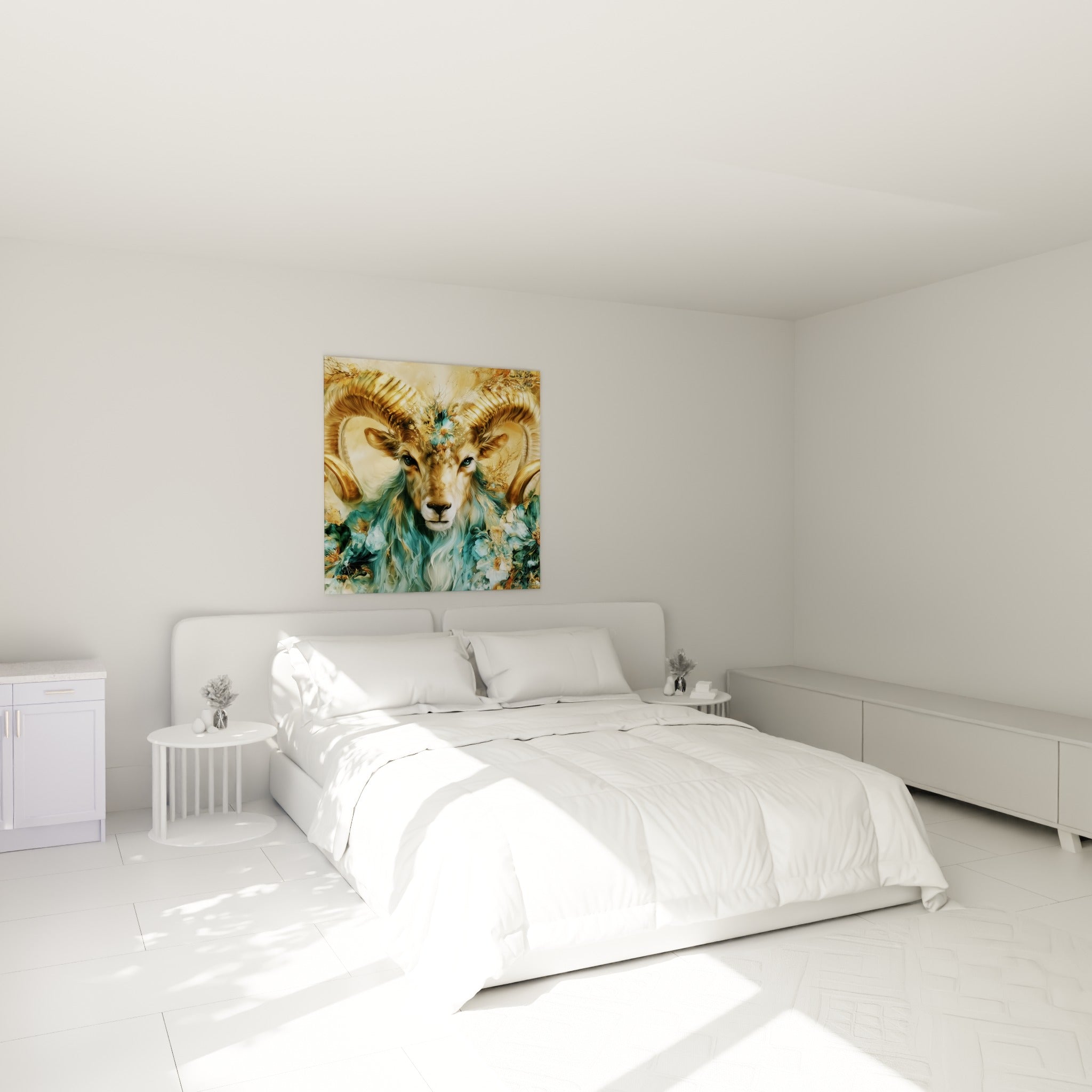 Cornes dorées spiralées et pelage turquoise fleuri du Bélier, au-dessus d'un lit dans une chambre claire