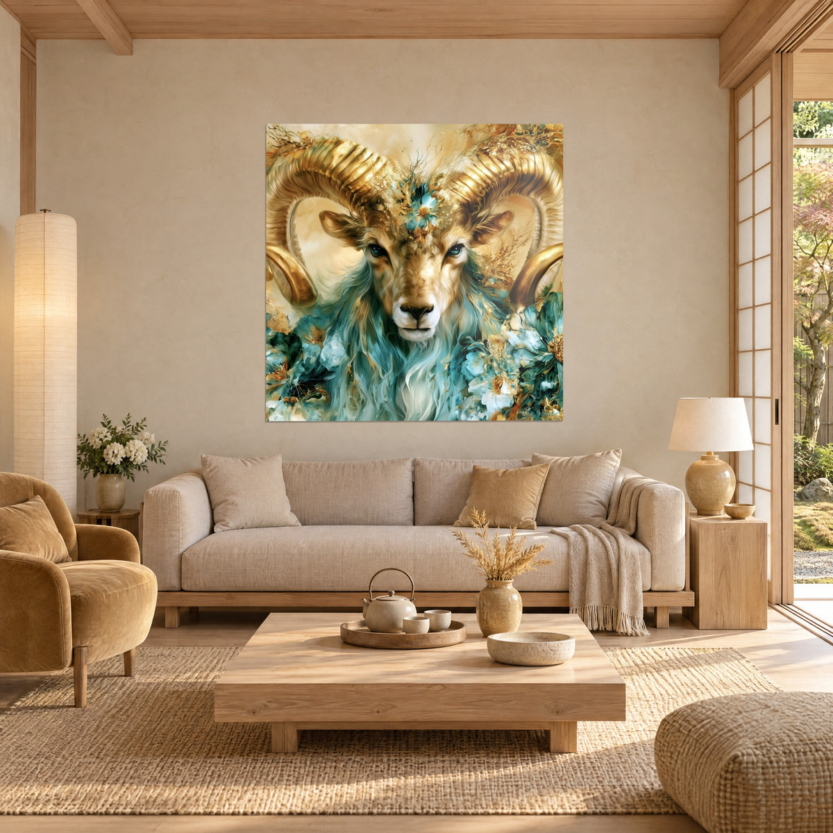 Schilderij ram met spiraalvormige gouden hoorns, turquoise en crème bloemen, beige muur, boven een bank in een lichte woonkamer