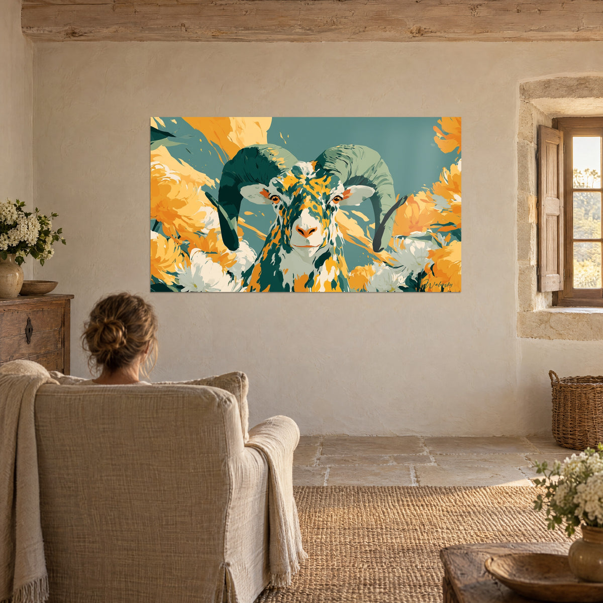 Wall art ram's face with a pink muzzle and cream coat speckled with orange, golden flowers, rustic stone living room