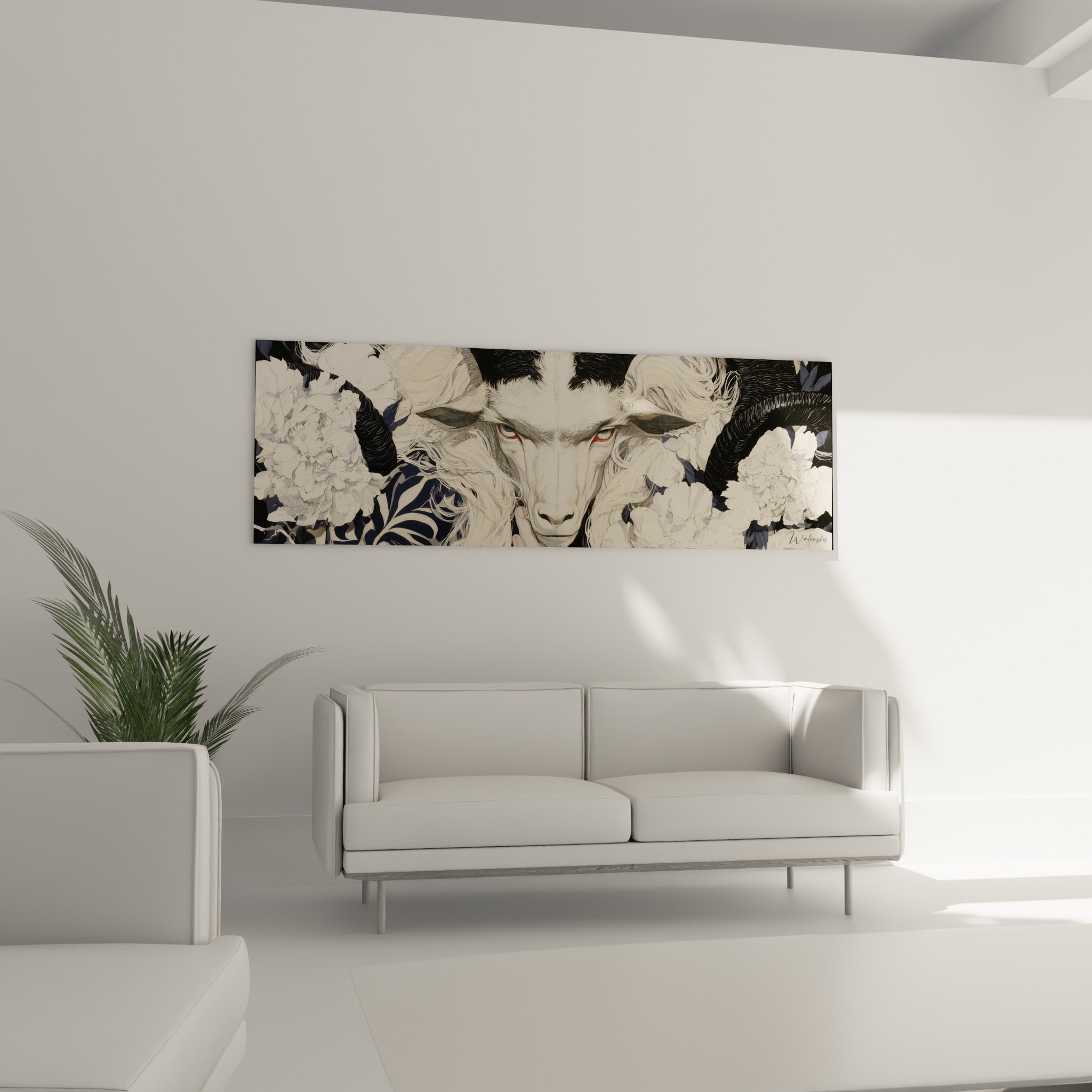 Regard fauve du Bélier parmi pivoines ivoire au-dessus d'un canapé dans un salon lumineux