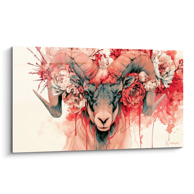 Tableau Bélier corail et rose fleurs éclatées - Splendeur indomptée - Edition Bélier