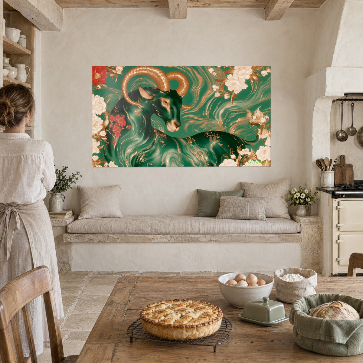 Tableau animal fantastique à cornes d'or sur fond vert jade, pivoines blanches et rouges, face à un four et une tarte dorée
