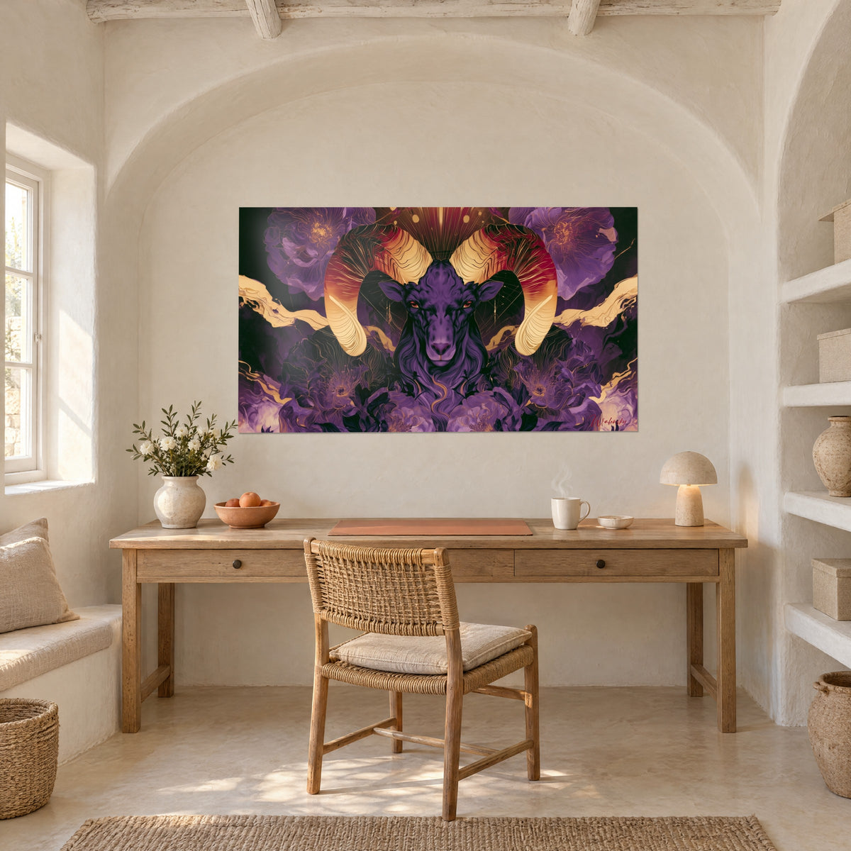 Schilderij heilig schaap met gouden hoorns gestreept in bordeauxrood, malvakleurige bloemblaadjes en gouden lijnen, witte gewelfde muur van een kantoor in licht hout