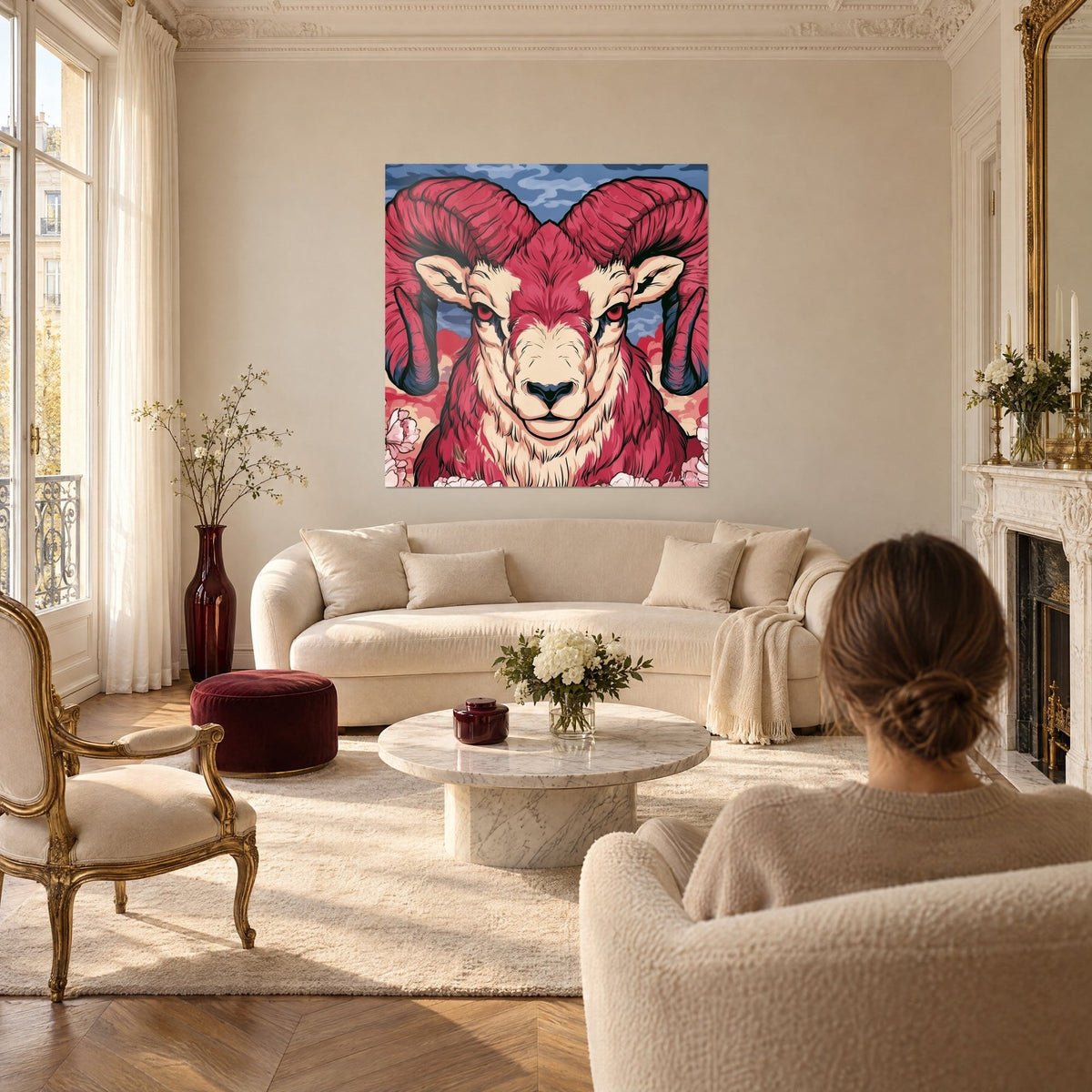 Quadro ariete con corna a spirale fucsia e crema, cielo blu ardesia, sopra un divano in un soggiorno luminoso