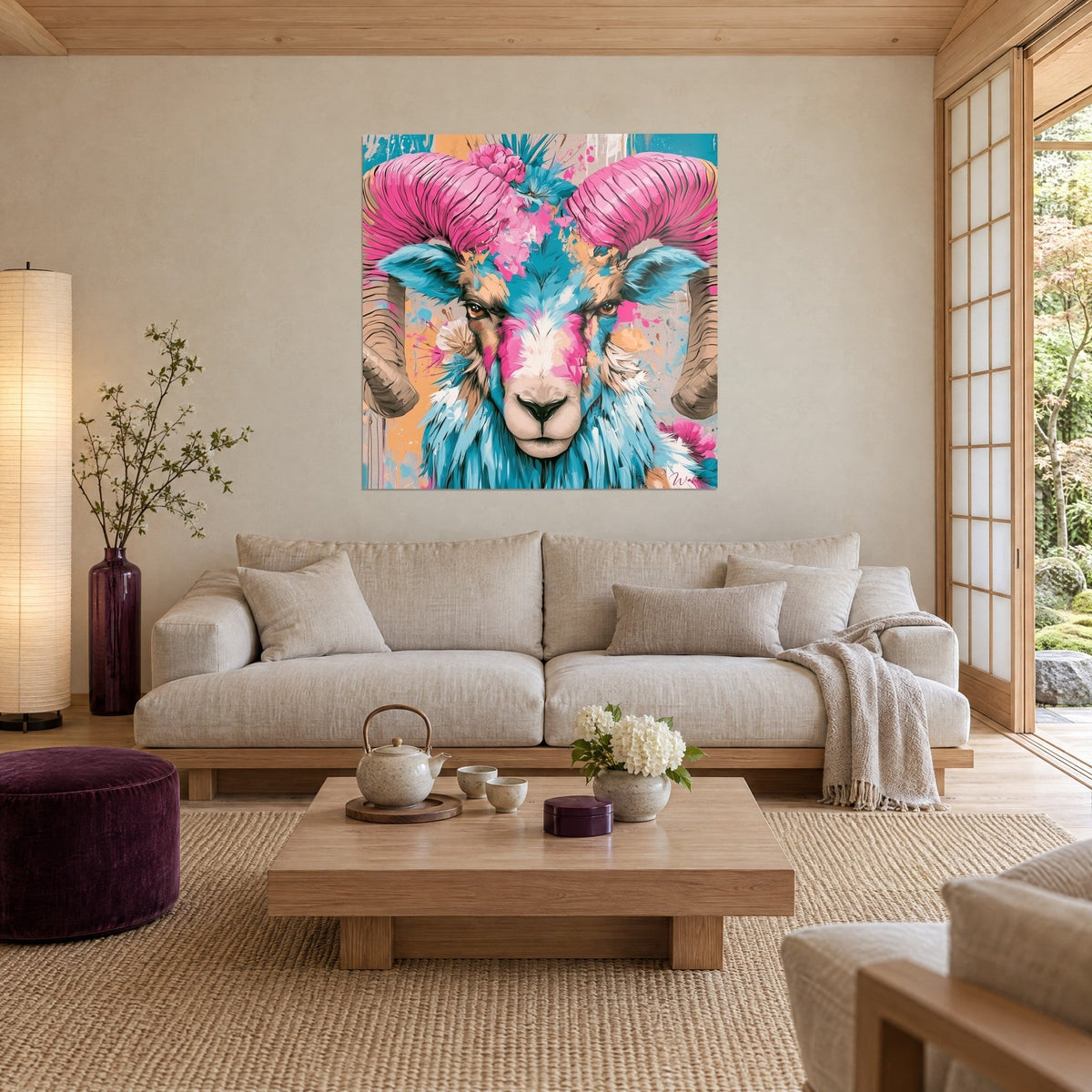 Tableau bélier aux cornes enroulées rose bonbon et toison turquoise, éclaboussures orangées, au-dessus d'un canapé dans un salon lumineux