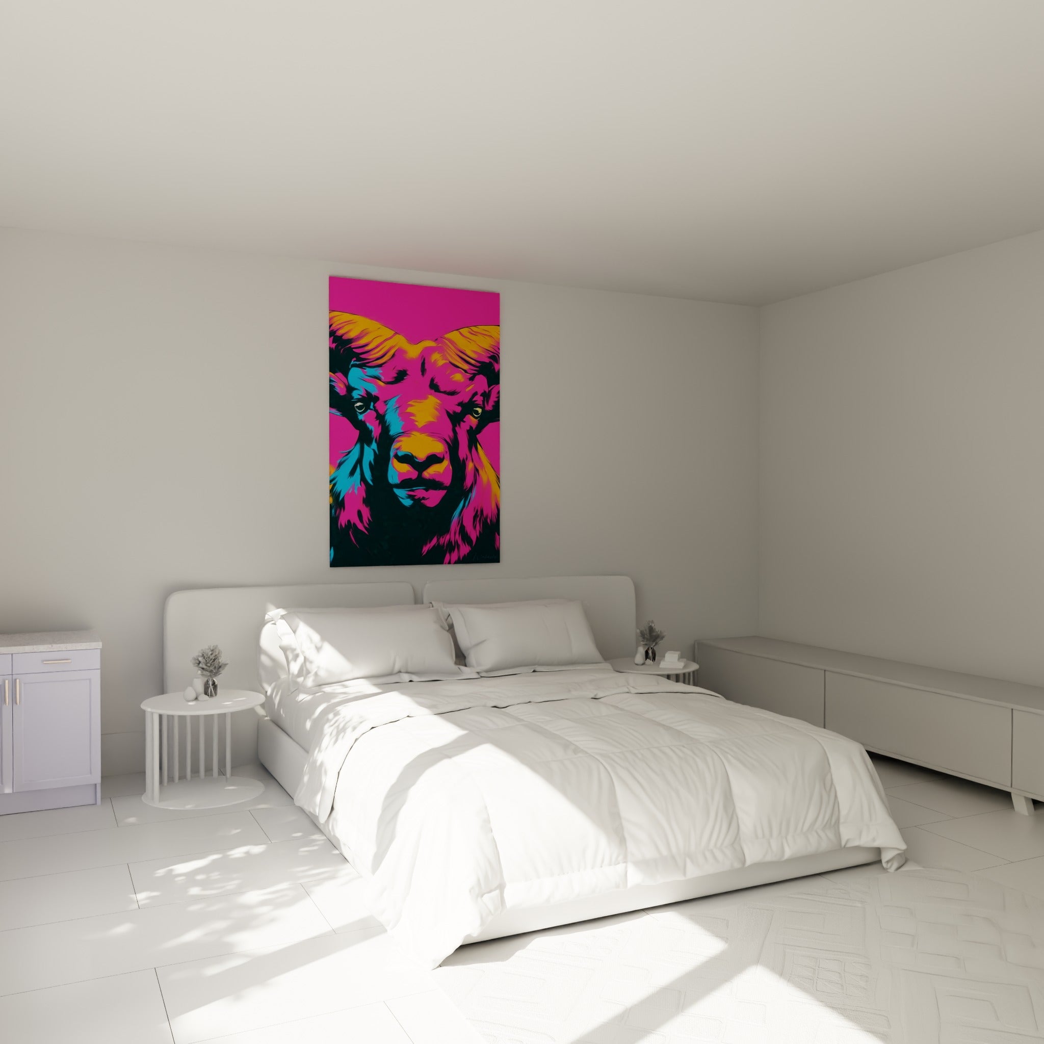 Cornes orange et pelage turquoise du Bélier, accroché au-dessus d'un lit dans une chambre claire